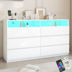 Front. Vipbear - Vipbear 6-Drawer Double Dresser with Power Outlet & LED Lights, Wide Storage Chest with Open Shelving,White - White.