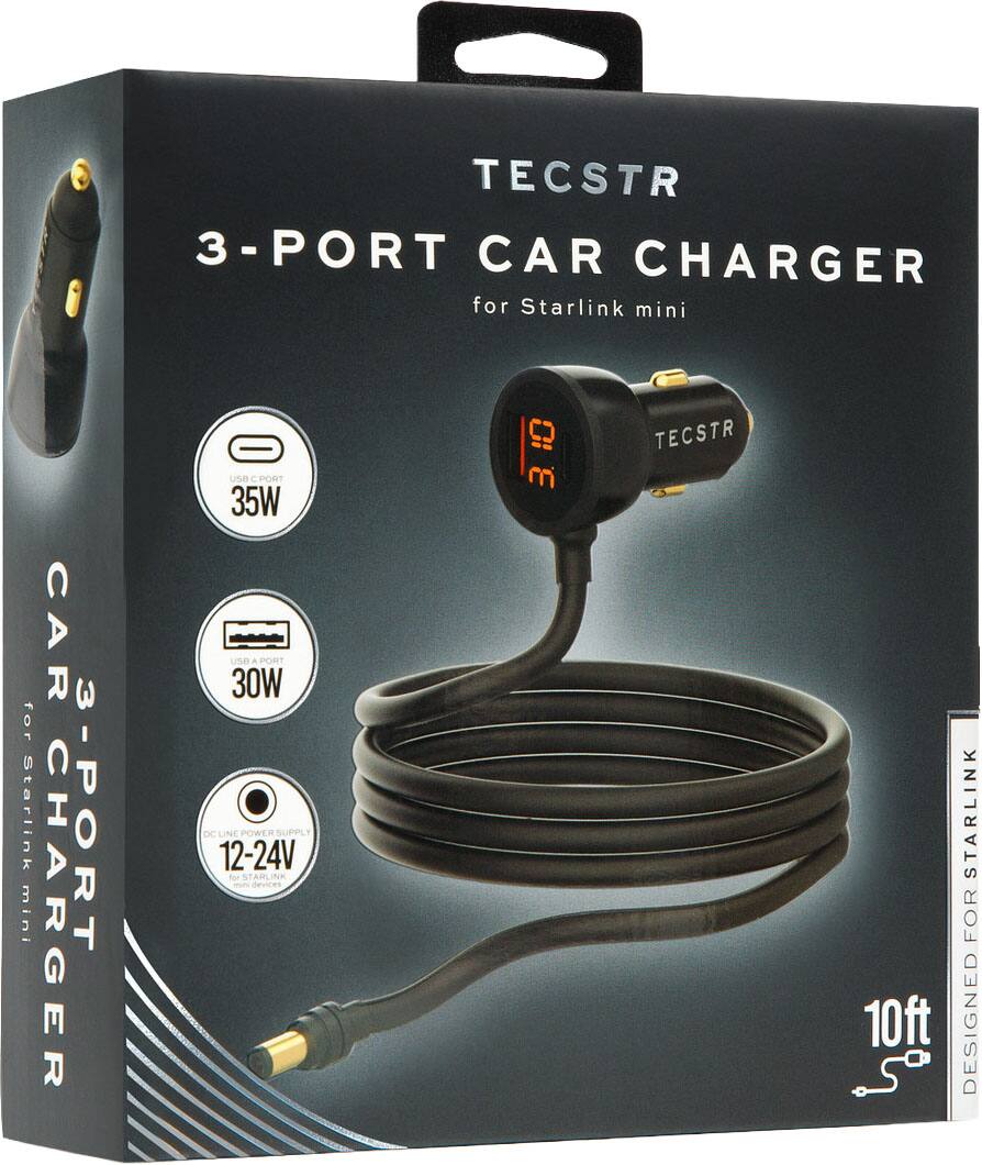 TECSTR 3-PORT CAR CHARGER for Starlink mini  
35W USB C PORT  
30W USB A PORT  
12-24V DC LINE POWER SUPPLY  
10ft CABLE  
DESIGNED FOR STARLINK