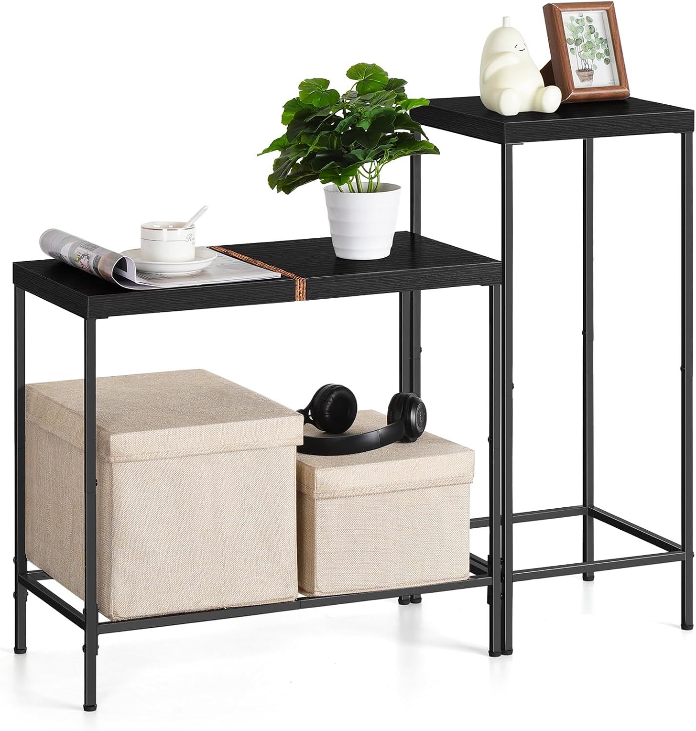 Angle. Oumilen - Set of 2 Black Narrow Nesting End Tables – Wood Top with Black Metal Frame, Slim Accent for Sofa Living Room - Black.