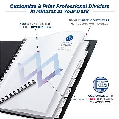 Customize & Print Professional Dividers in Minutes at Your Desk

- Add graphics & text to the divider body
- Print directly onto tabs, no fussing with labels
- Customize with free templates on Avery.com
- Morvana Wireless
- Client in Moicat Budget
- Resources ABC
- Mostones