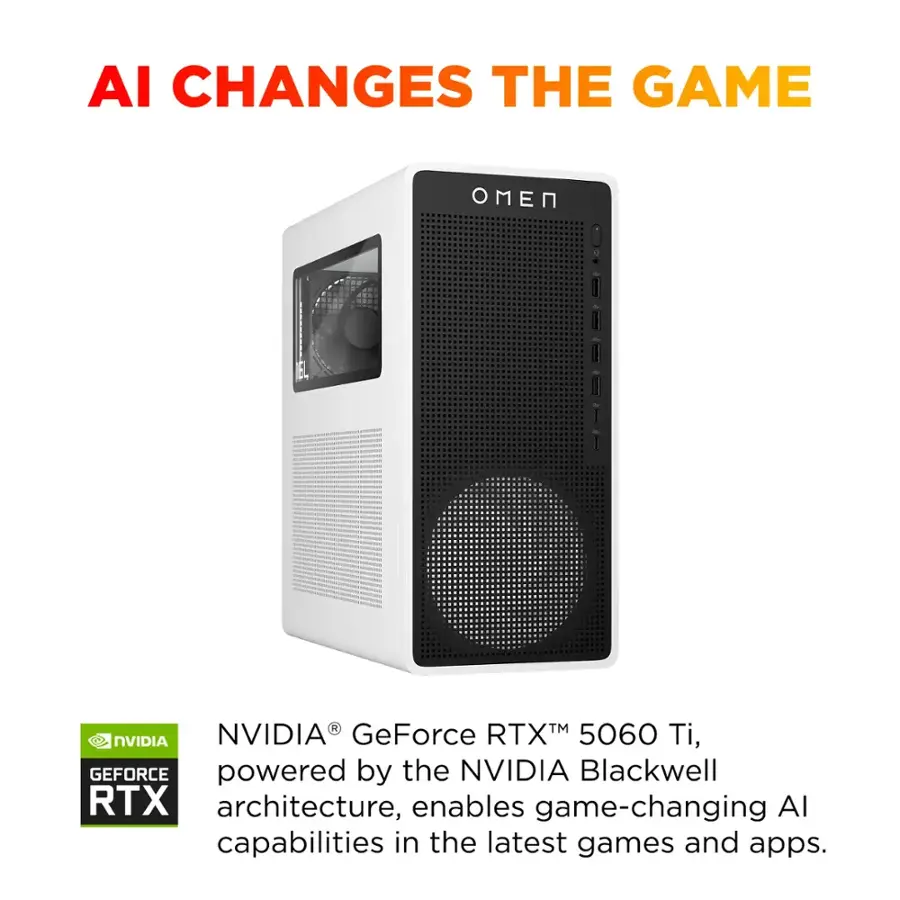 AI Changes the Game OMEN by HP | NVIDIA GeForce RTX 5060 Ti, GEFORCE powered by the NVIDIA Blackwell RTX architecture, enables game-changing AI capabilities in the latest games and apps.