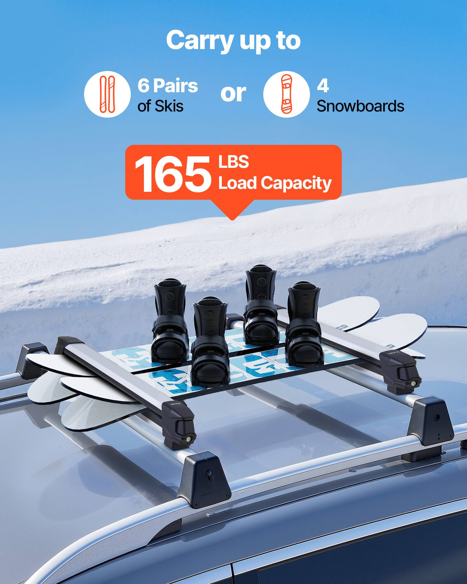 Carry up to 6 Pairs of Skis or 4 Snowboards  
LBS 165 Load Capacity