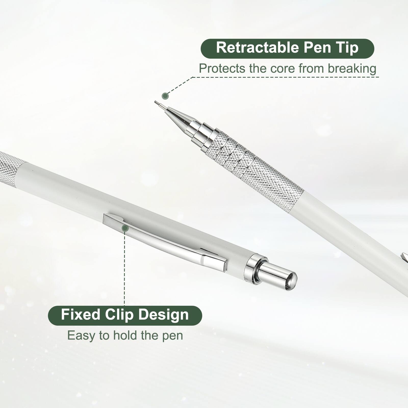 Retractable Pen Tip  
Protects the core from breaking  

Fixed Clip Design  
Easy to hold the pen