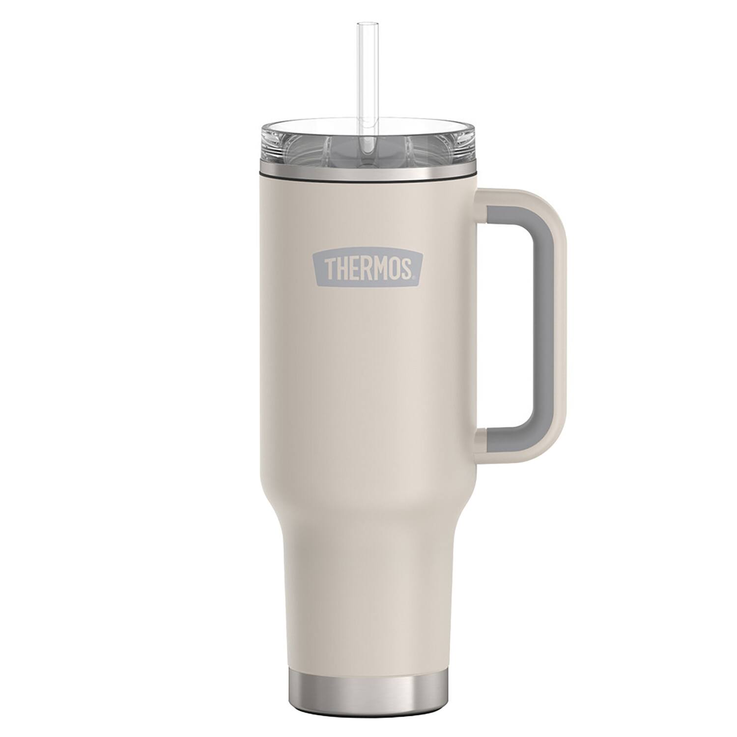 Angle. Thermos - Thermos 40 oz Stainless Steel Cup Holder Mug w/ Straw - Sandstone - Sandstone.