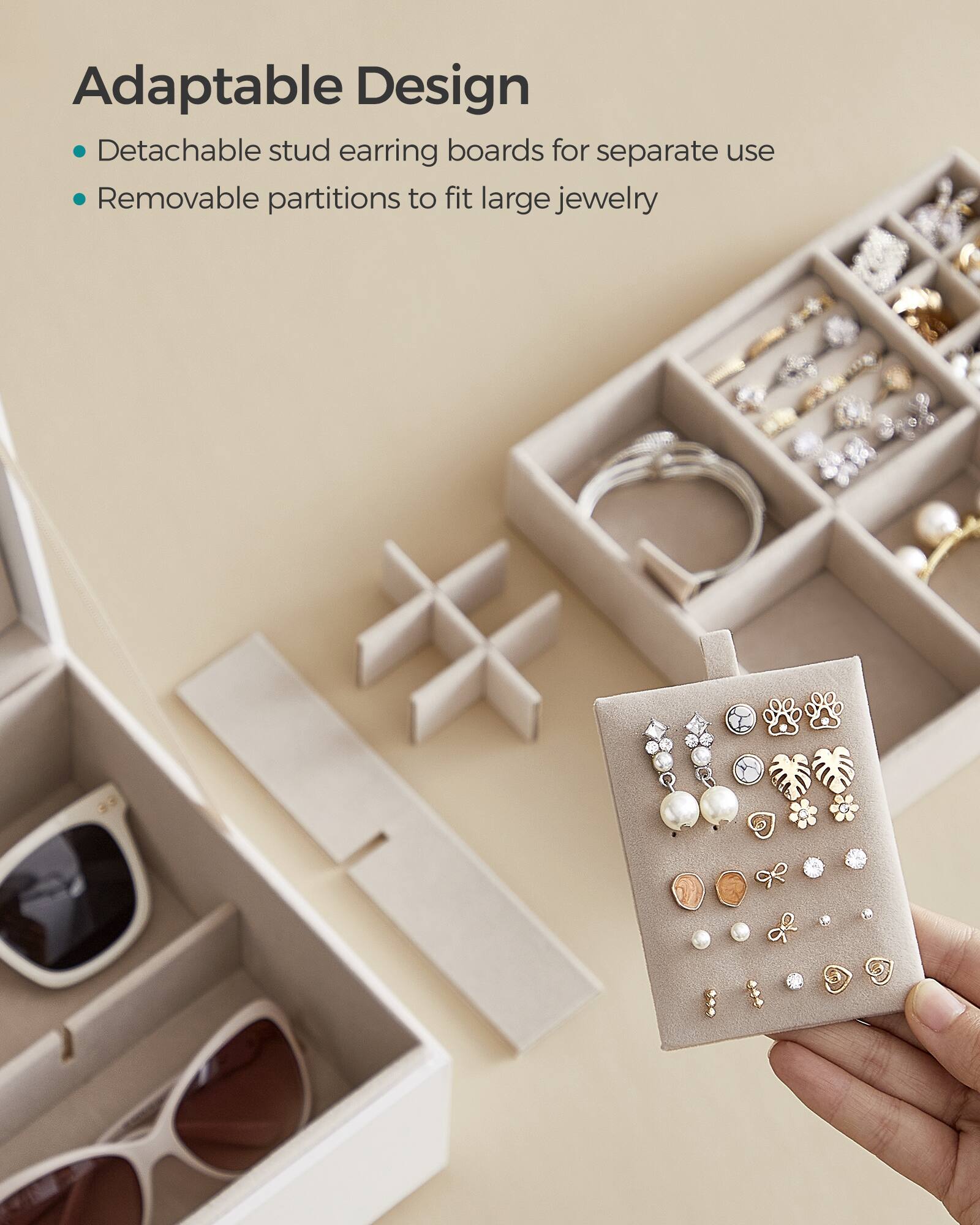 Adaptable Design  
- Detachable stud earring boards for separate use  
- Removable partitions to fit large jewelry
