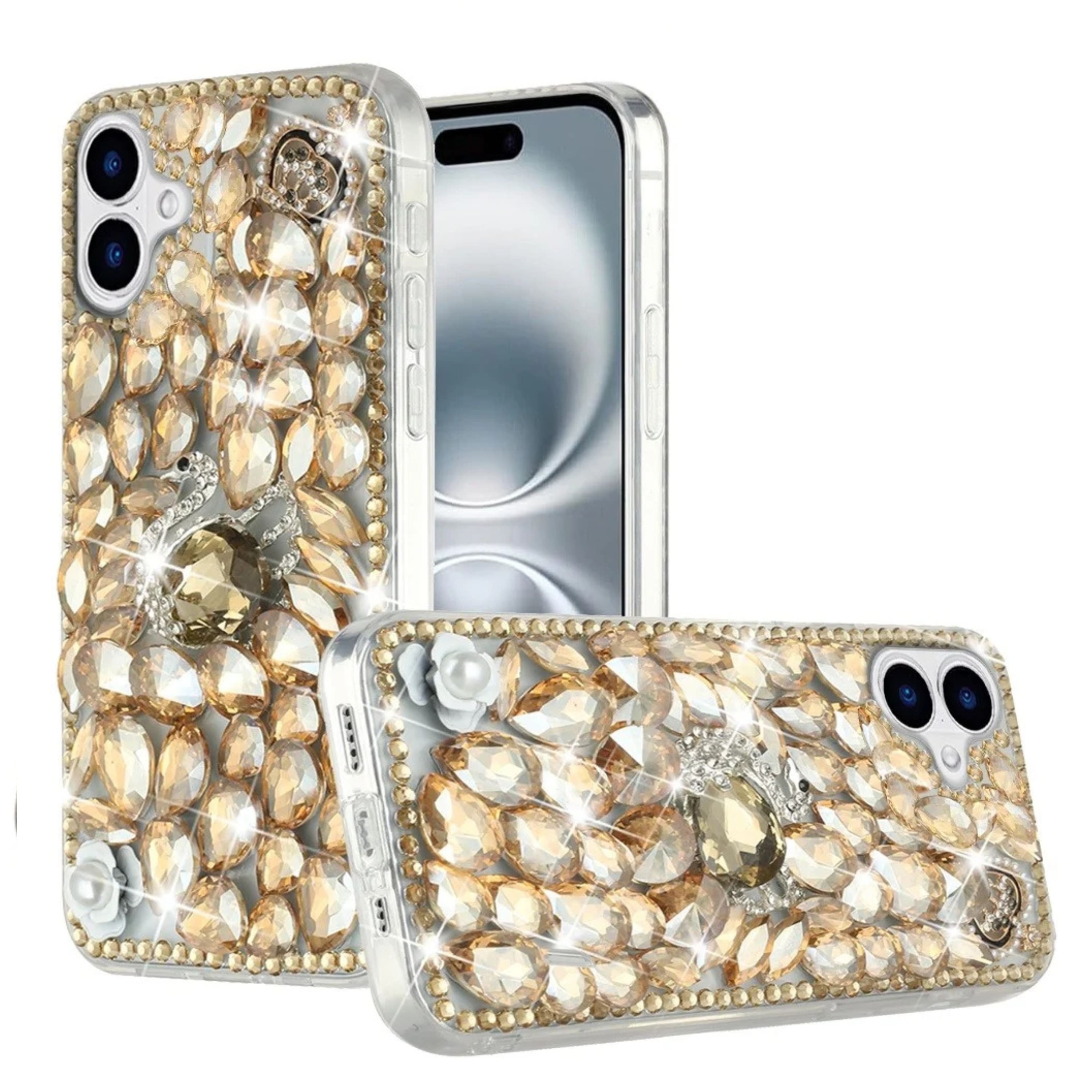 Kitcheniva - Full Bling Rhinestone Protective Phone Case With Tempered Glass For iPhone 16 6.1 Inch Pearl - Gold
