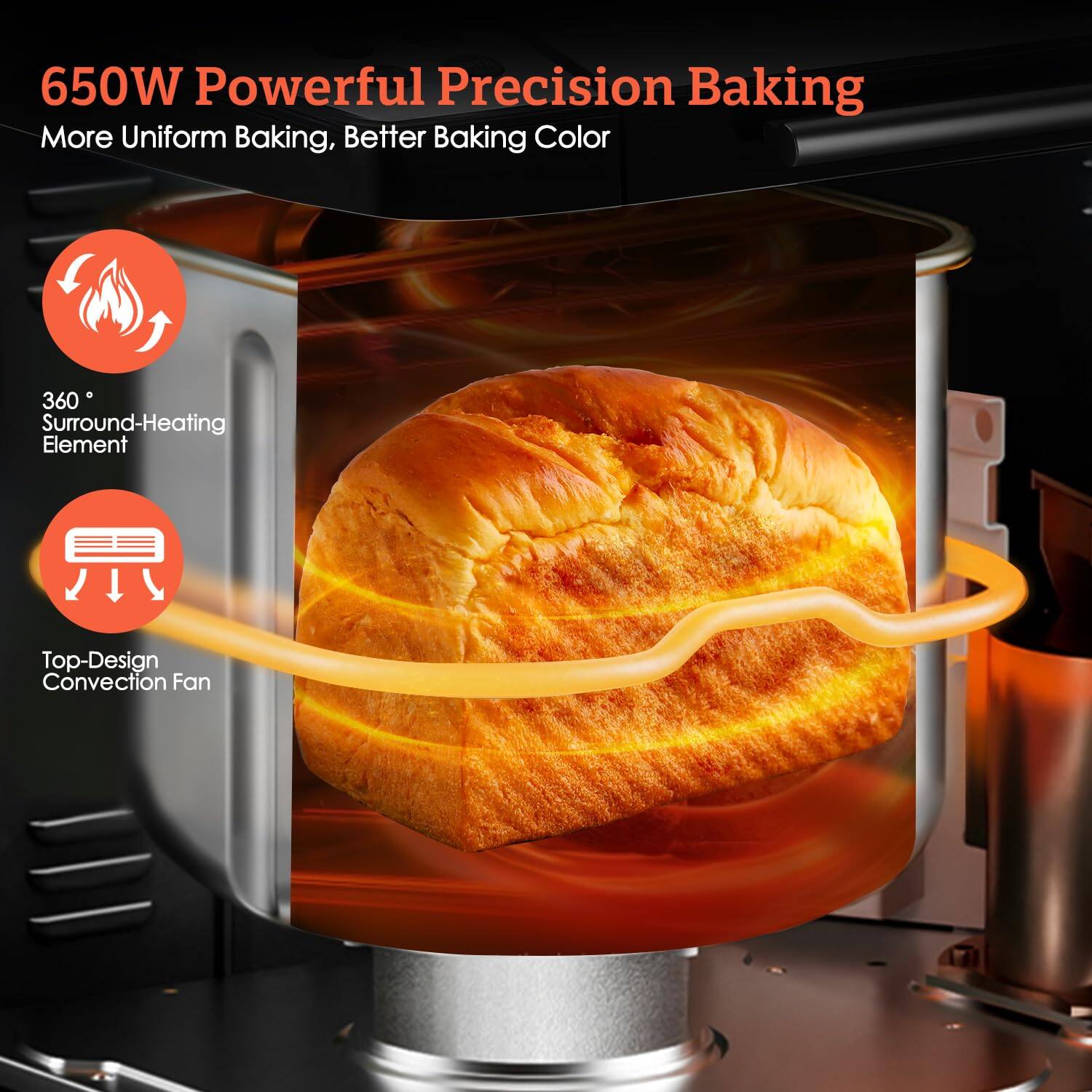 650W Powerful Precision Baking  
More Uniform Baking, Better Baking Color  

360° Surround-Heating Element  

Top-Design Convection Fan