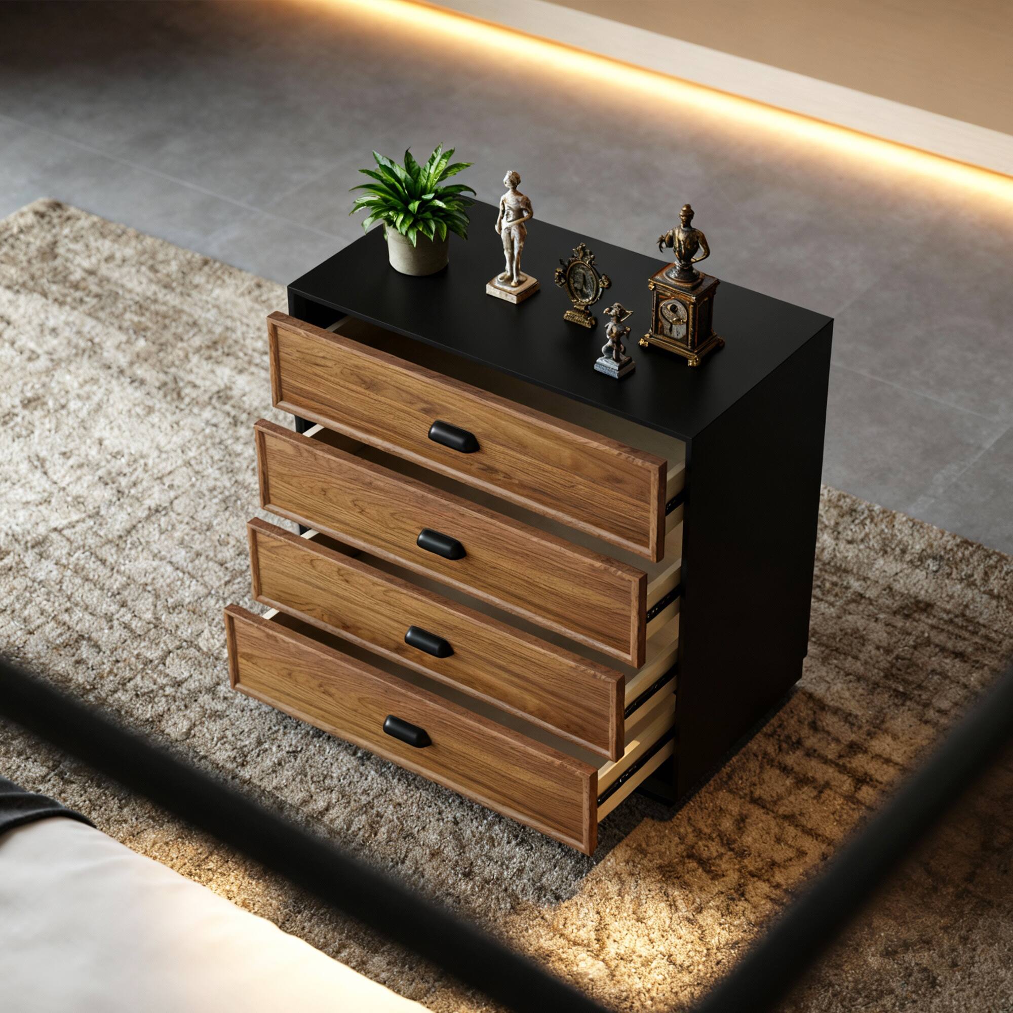 Left. luck idea - Mid-Century Modern 31.49" Solid Wood Nightstand with 4 Drawers, Bedside Table - Walnut Color.