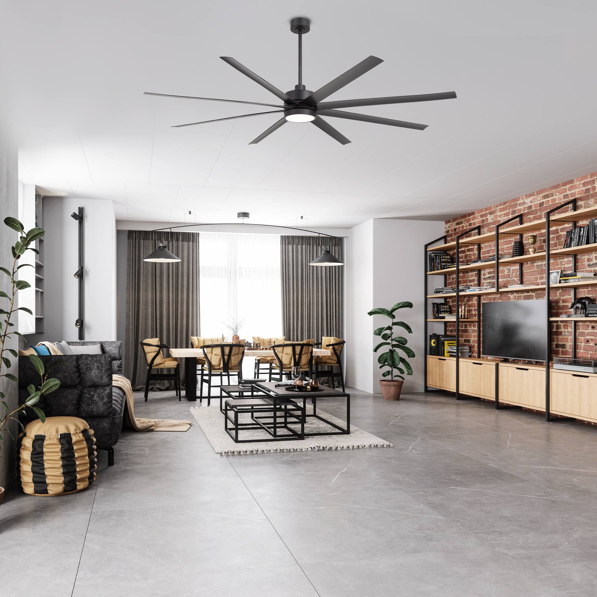 Alt View 1. Breezary - 84-in Large Ceiling Fan with 8 ABS Blades, 6-Speed DC Motor, Remote Control, 3 Downrods with Timer, Optional Light Kit - Matte Black (With Light).