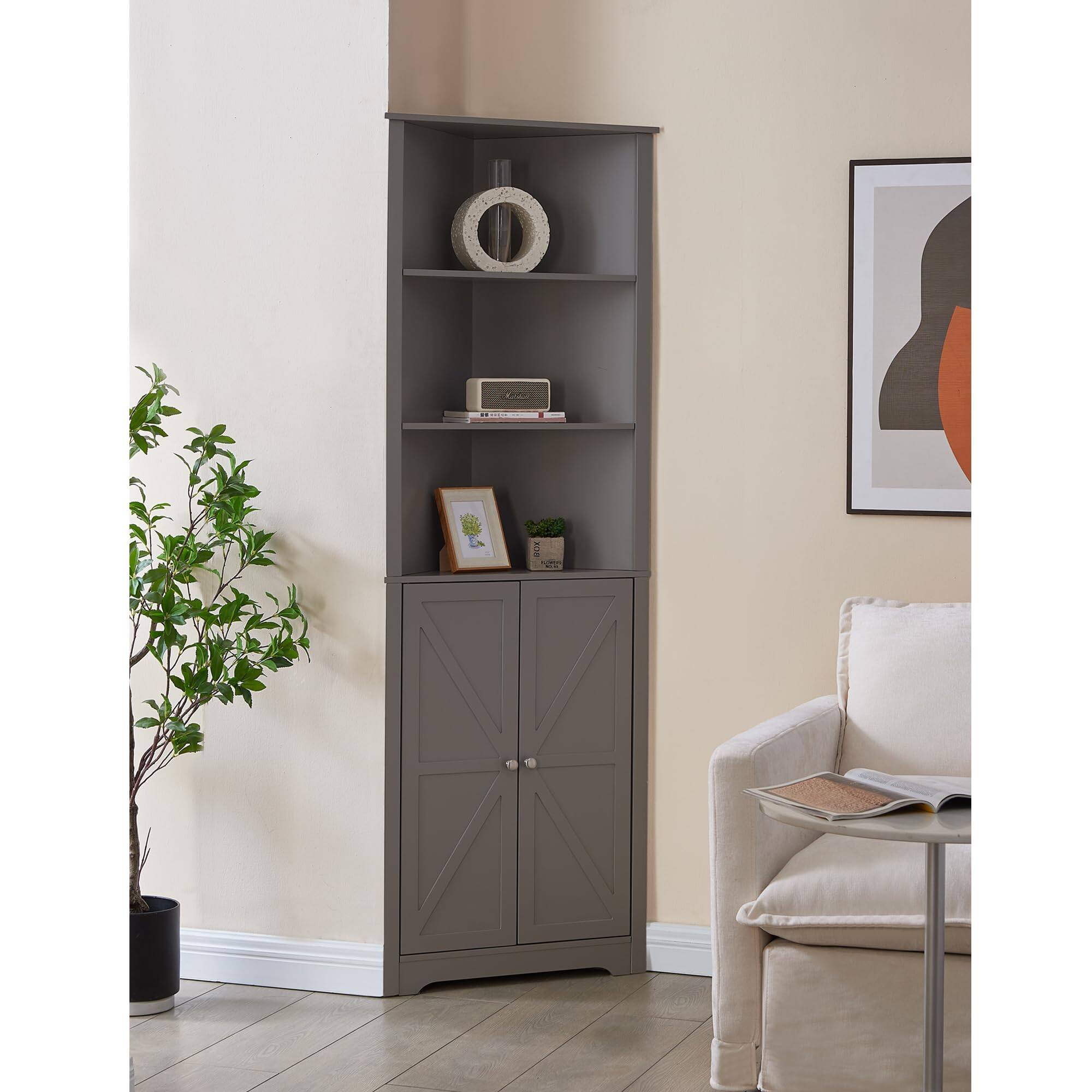 Alt View 1. Kings Brand Furniture - Kings Brand Furniture Tall Wooden Corner Cabinet - Grey.