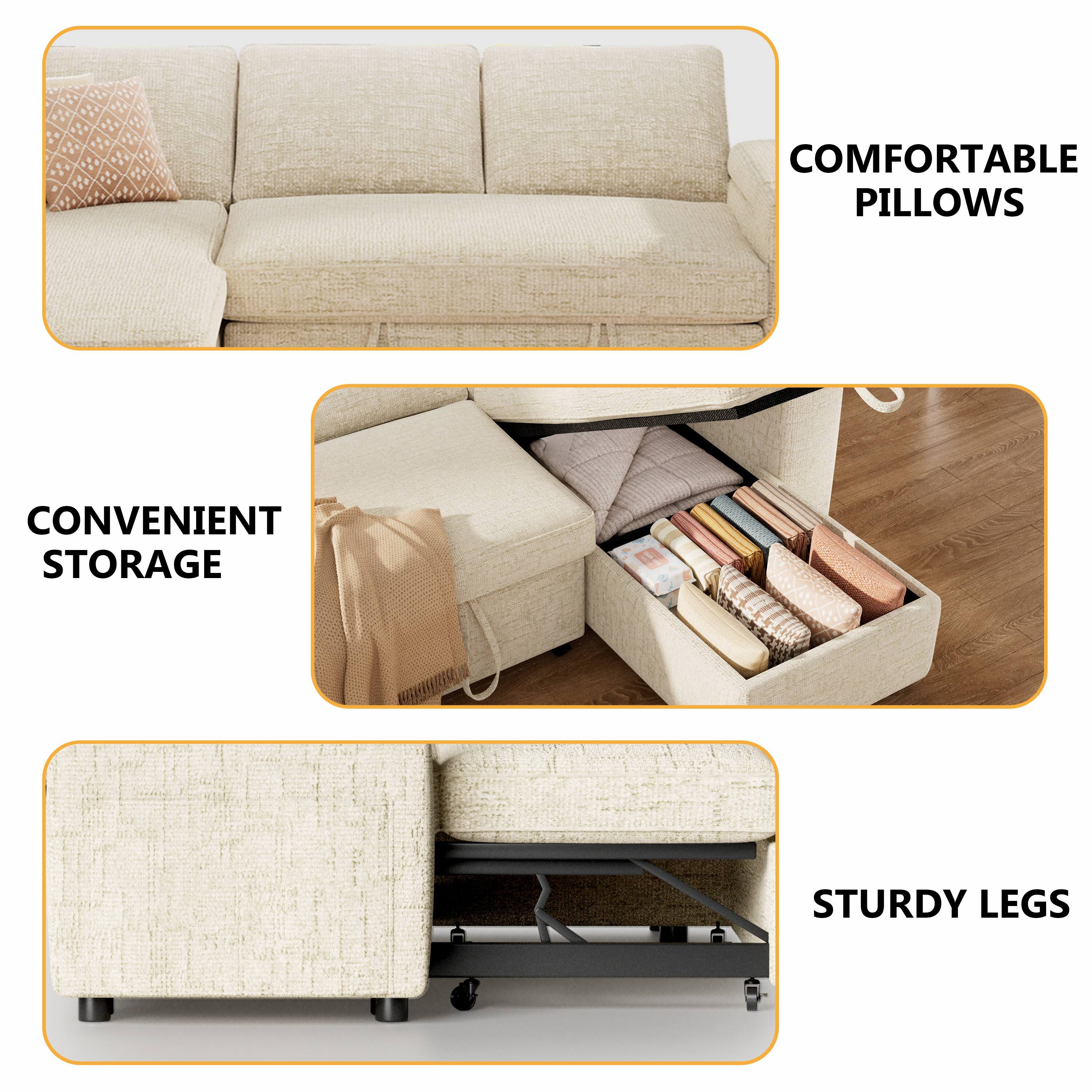 - COMFORTABLE PILLOWS
- CONVENIENT STORAGE
- STURDY LEGS