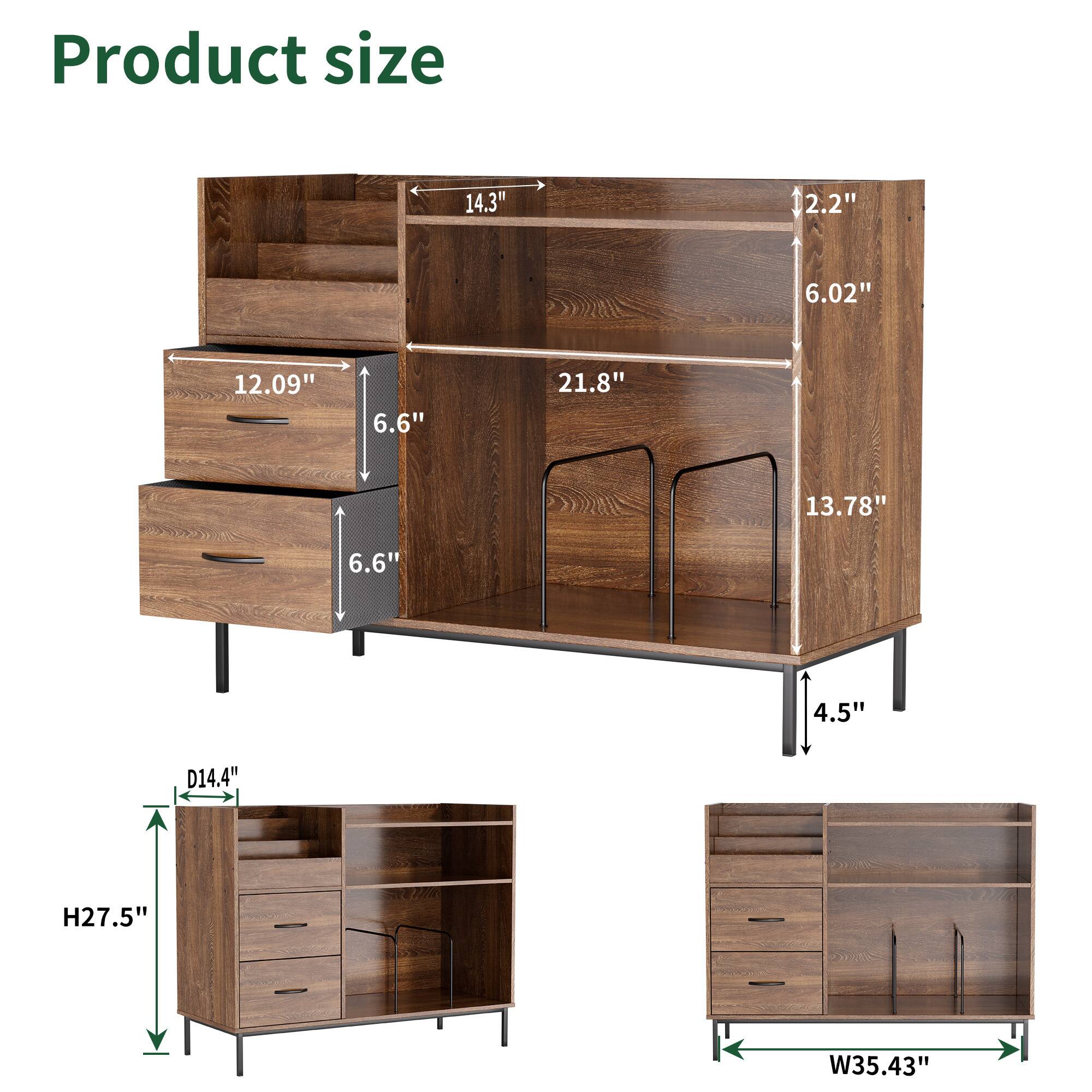 Product size

- Width: 35.43"
- Height: 27.5"
- Depth: 14.4"
- Top shelf: 14.3" x 21.8"
- Drawer: 12.09" x 6.6"
- Side panel: 6.02" x 13.78"
- Back panel: 2.2" x 6.6"
- Legs: 4.5"