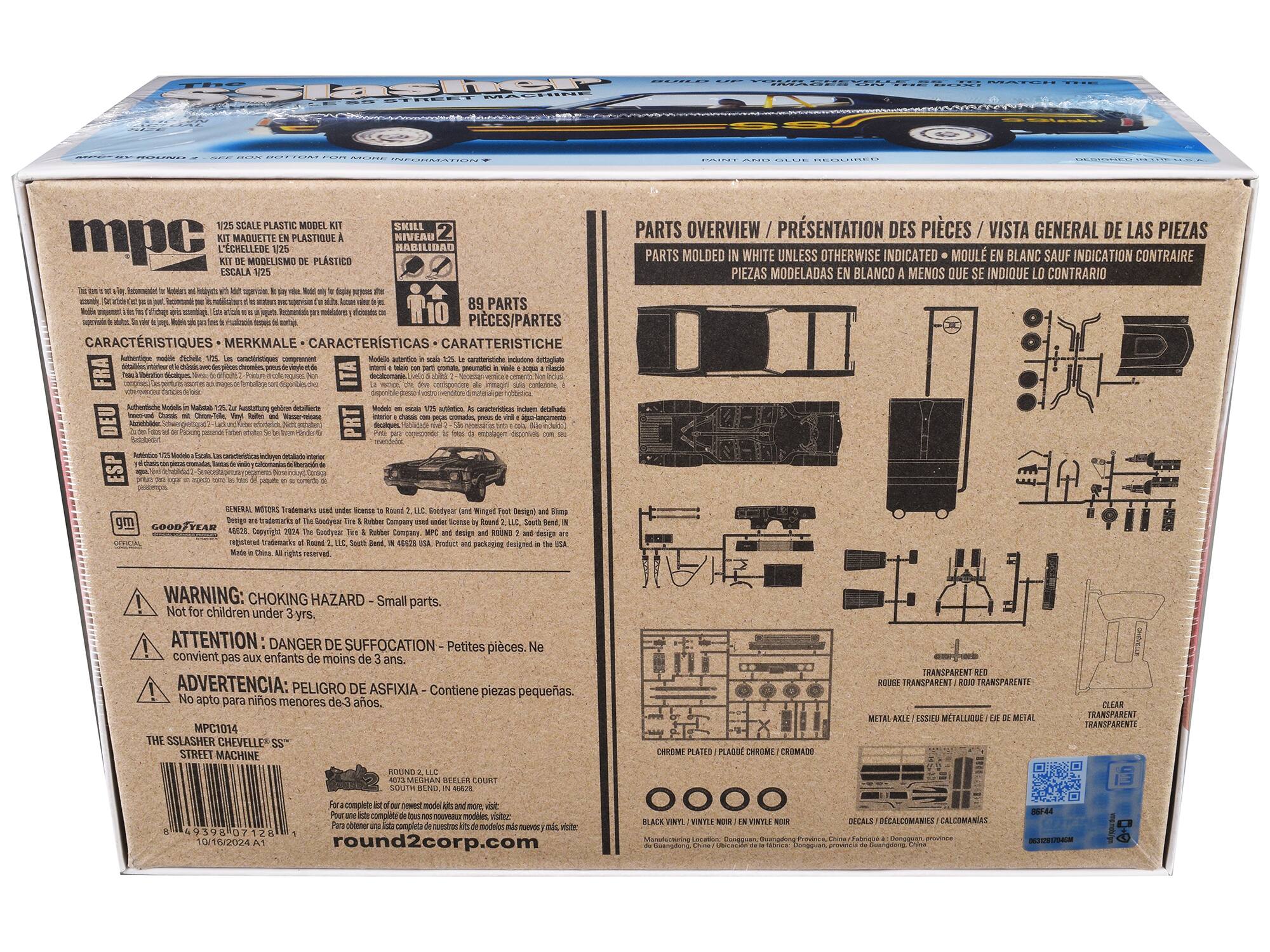 Sure, here is the corrected and grouped text from the image:

---

**Front Side:**

- **mpc**
- **1/25 SCALE PLASTIC MODEL KIT**
- **L'ÉCHELLE 1/25**
- **ESCALA 1/25**
- **SKILL - HABILIDAD - CARATTERISTICHE**
- **89 PARTS**
- **PIECES/PARTES**
- **CARACTÉRISTIQUES - MERKMALE - CARACTERÍSTICAS - CARATTERISTICHE**
- **WARNING: CHOKING HAZARD - Small parts. Not for children under 3 yrs.**
- **ATTENTION: DANGER DE SUFFOCATION - Petites pièces. Ne convient pas aux enfants de moins de 3 ans.**
- **ADVERTENCIA: PELIGRO DE ASFIXIA - No apto para niños menores de 3 años.**
- **MPC1014**
- **THE SLASHER CHEVY SS**
- **STREET MACHINE**
- **round2corp.com**
- **GENERAL MOTORS Trademarks used under license to Round 2, LLC.