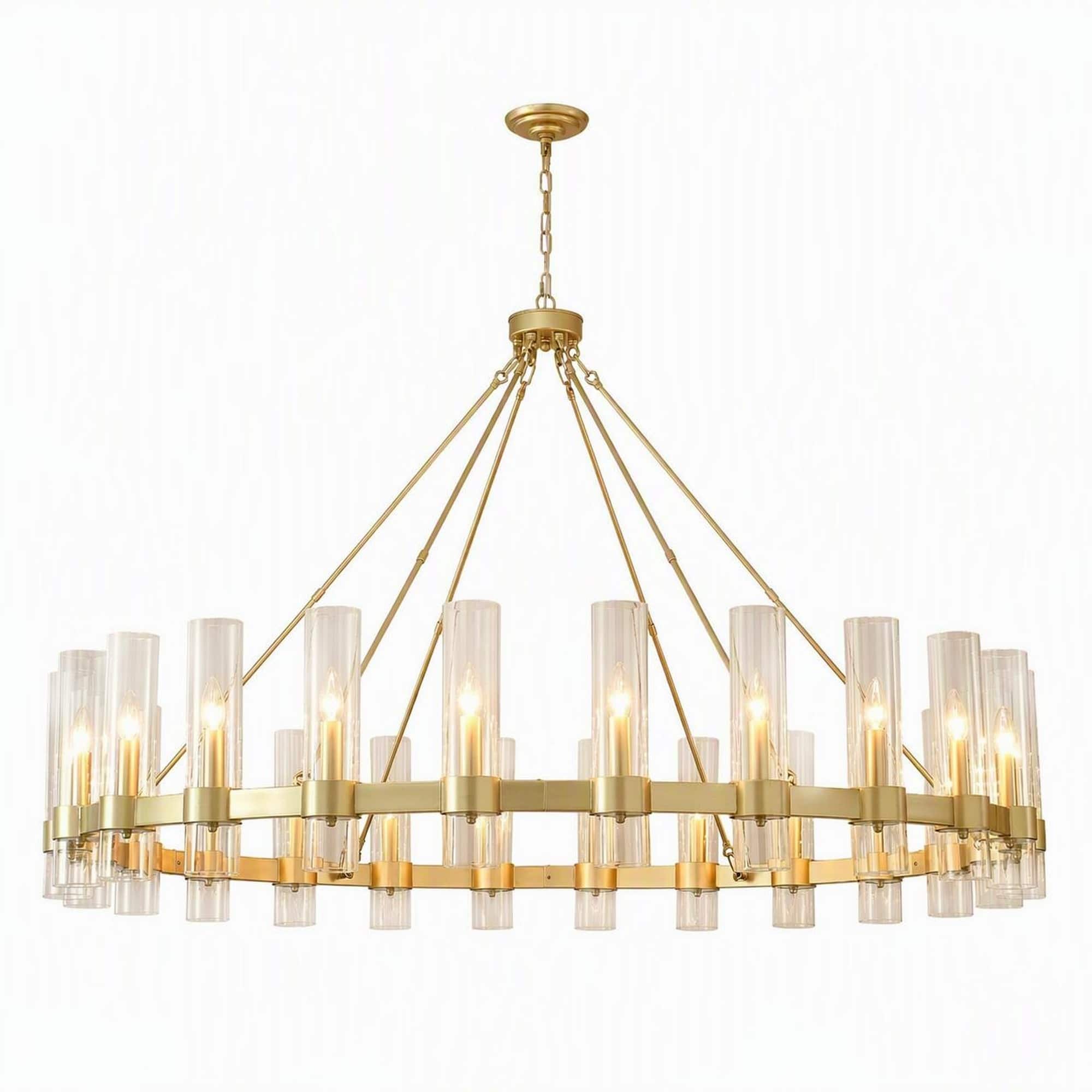 RYHNUYNE - Gold 24-Light Wagon Wheel Chandelier with Seeded Glass Shades, Adjustable Chains for Dining Room, Kitchen Island