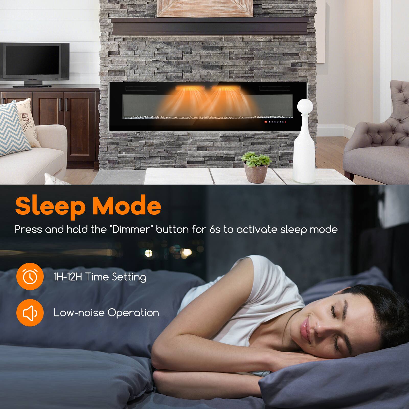 Sleep Mode  
Press and hold the "Dimmer" button for 6s to activate sleep mode  

1H-12H Time Setting  
Low-noise Operation