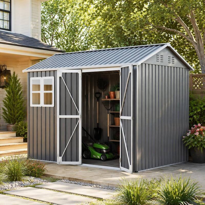 Angle. RYHNUYNE - 8x6 ft Dark Gray Steel Shed Window Lockable Double Doors Sloped Roof Garden Tools - Gray.