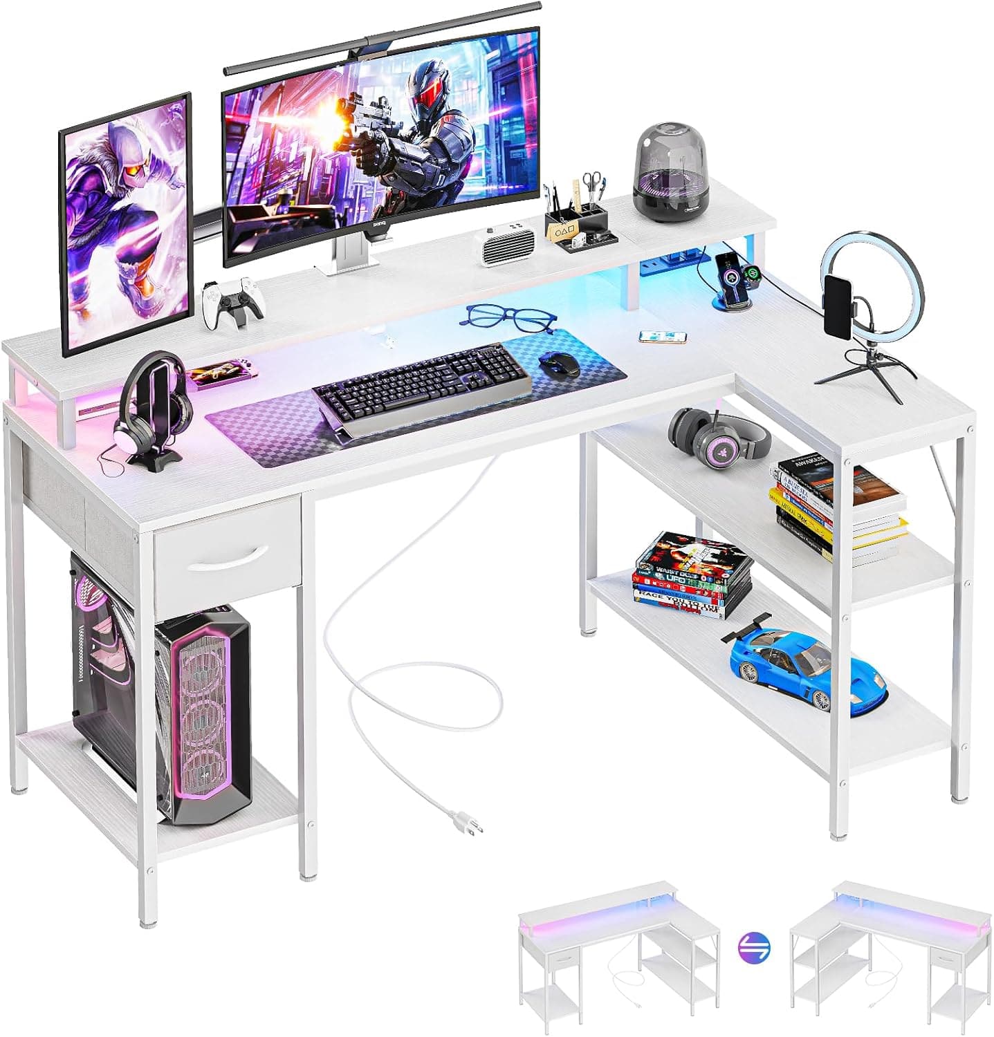 Sweet - 53” Gaming Desk, Reversible L Shaped Computer Desk with Power Outlets, LED Lights, Shelves and Drawer - White