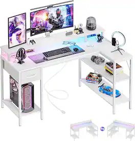 Sweet - 47” Gaming Desk, Reversible L Shaped Computer Desk with Power Outlets, LED Lights, Shelves and Drawer - White