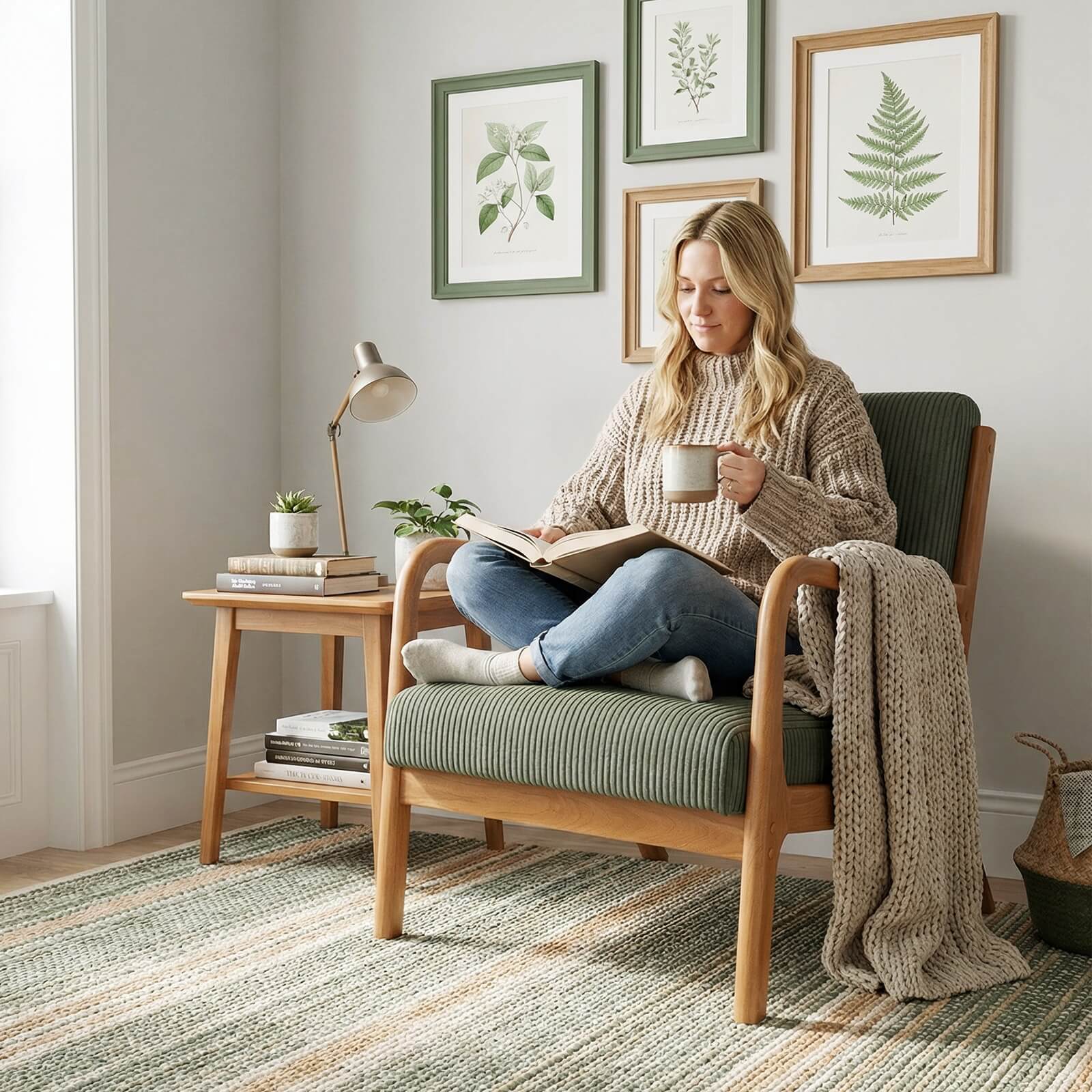 Alt View 4. Costway - Costway 2 PCS Corduroy Upholstered Lounge Chair with Rubber Wood Armrests & Lumbar Pillow - Green + Brown.