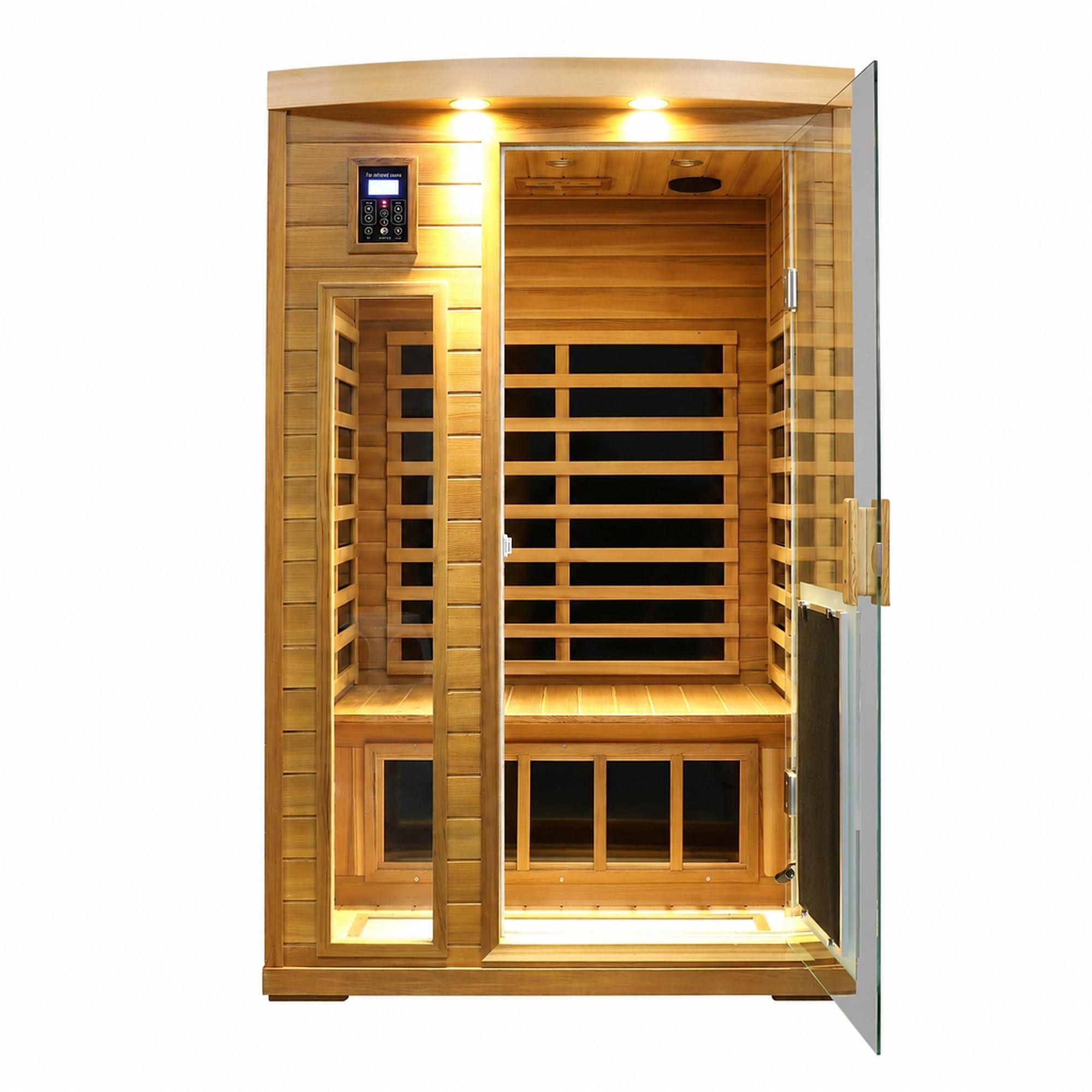 Front. RYHNUYNE - 2 Person Far Infrared Sauna, Low EMF, Red Cedar, Indoor, 47.2 in, 8 Heating Panels, Bluetooth, LED Lights - Natural Wood.