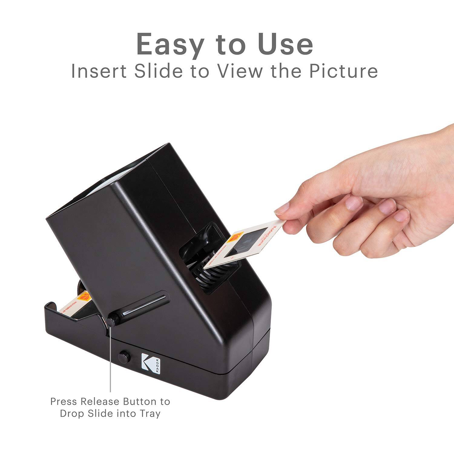 Easy to Use: Insert Slide to View the Picture. Press Release Button to Drop Slide into Tray.