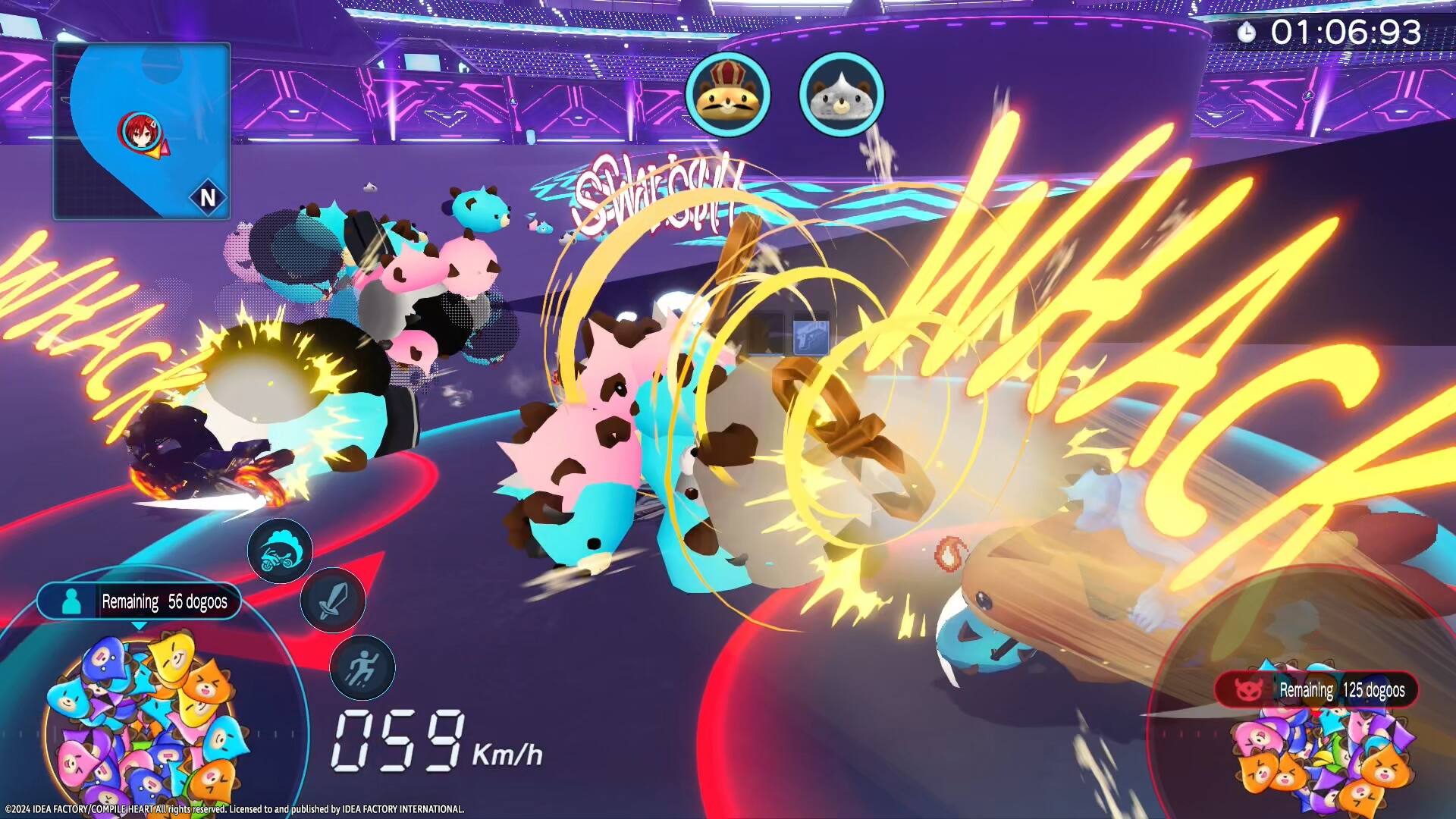 The text on the image reads: "01:06:93 N Saroaly WHACK WWACK Remaining 56 dogoos Remaining 125 dogoos 059 a Km/h 2024 DEA FACTORY COMP LE HEAR TAI T'rights reserved. Licensed and published by DEA FACTORY INTERNATIONAL."