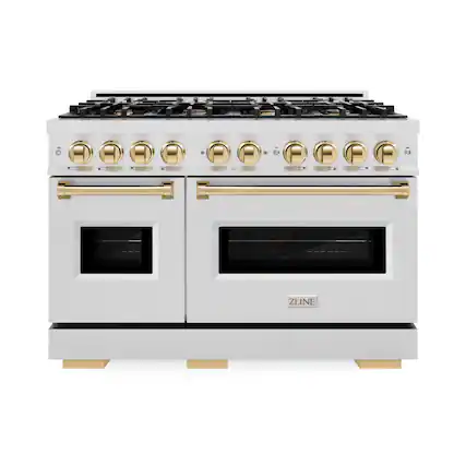 Front. ZLINE - ZLINE Autograph 48 in. Classic Dual Fuel Satin Steel Range w/ 8 Burners & Gold Accents (CDRSZ-48-G) - Stainless Steel.