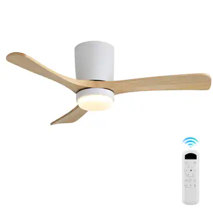 Front. Sofucor - 42'' Wood Low Profile Flush Mount Ceiling Fans w/ Dimmable LED Light and Remote Quiet Reversible for Bedroom Living Room - White.