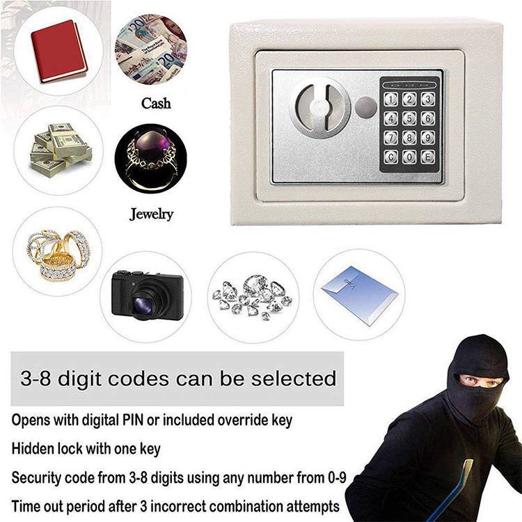 120 nothing_to_ranscrie  
20 Cash  
1 4 2 5 3 6 7 8 9 C 0 E  
Jewelry  
3-8 digit codes can be selected  
Opens with digital PIN or included override key  
Hidden lock with one key  
Security code from 3-8 digits using any number from 0-9  
Time out period after 3 incorrect combination attempts