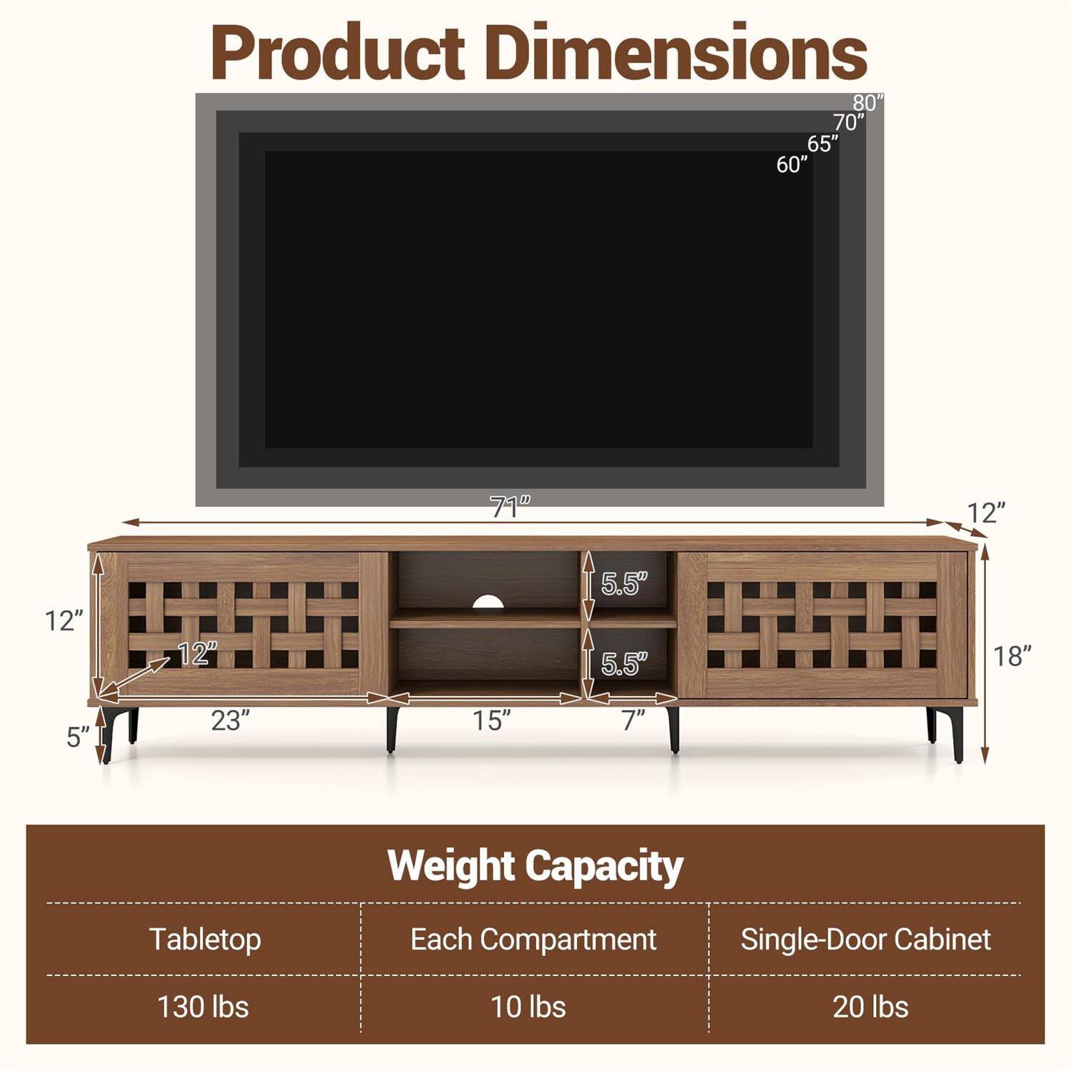 Product Dimensions  
80" x 70" x 65" x 60" x 71" x 12" x 12" x 12" x 5.5" x 5.5" x 18" x 5" x 23" x 15" x 7"

Weight Capacity  
Tabletop: 130 lbs  
Each Compartment: 10 lbs  
Single-Door Cabinet: 20 lbs