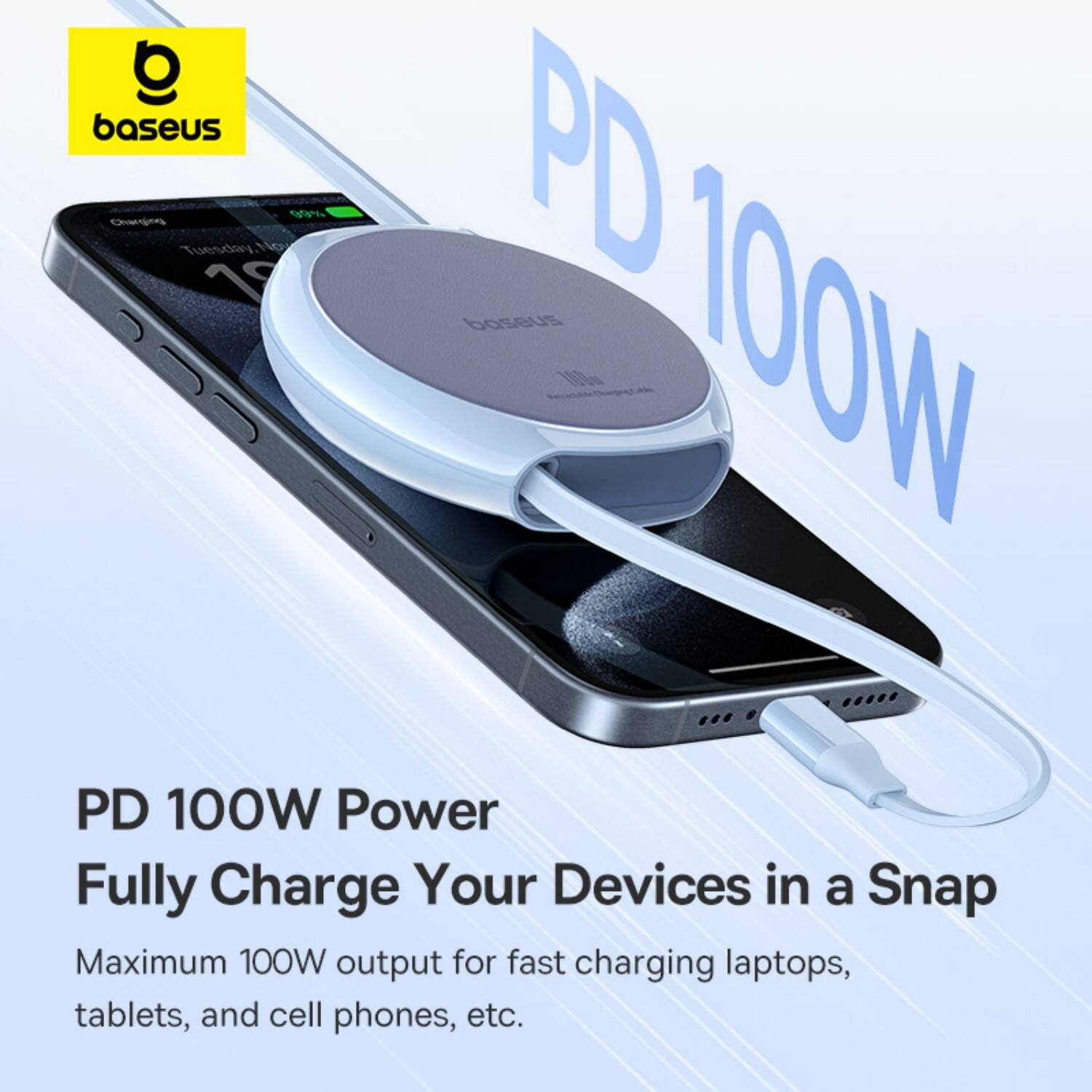 Baseus 100W PD 100W Power: Fully Charge Your Devices in a Snap. Maximum 100W output for fast charging laptops, tablets, and cell phones, etc.