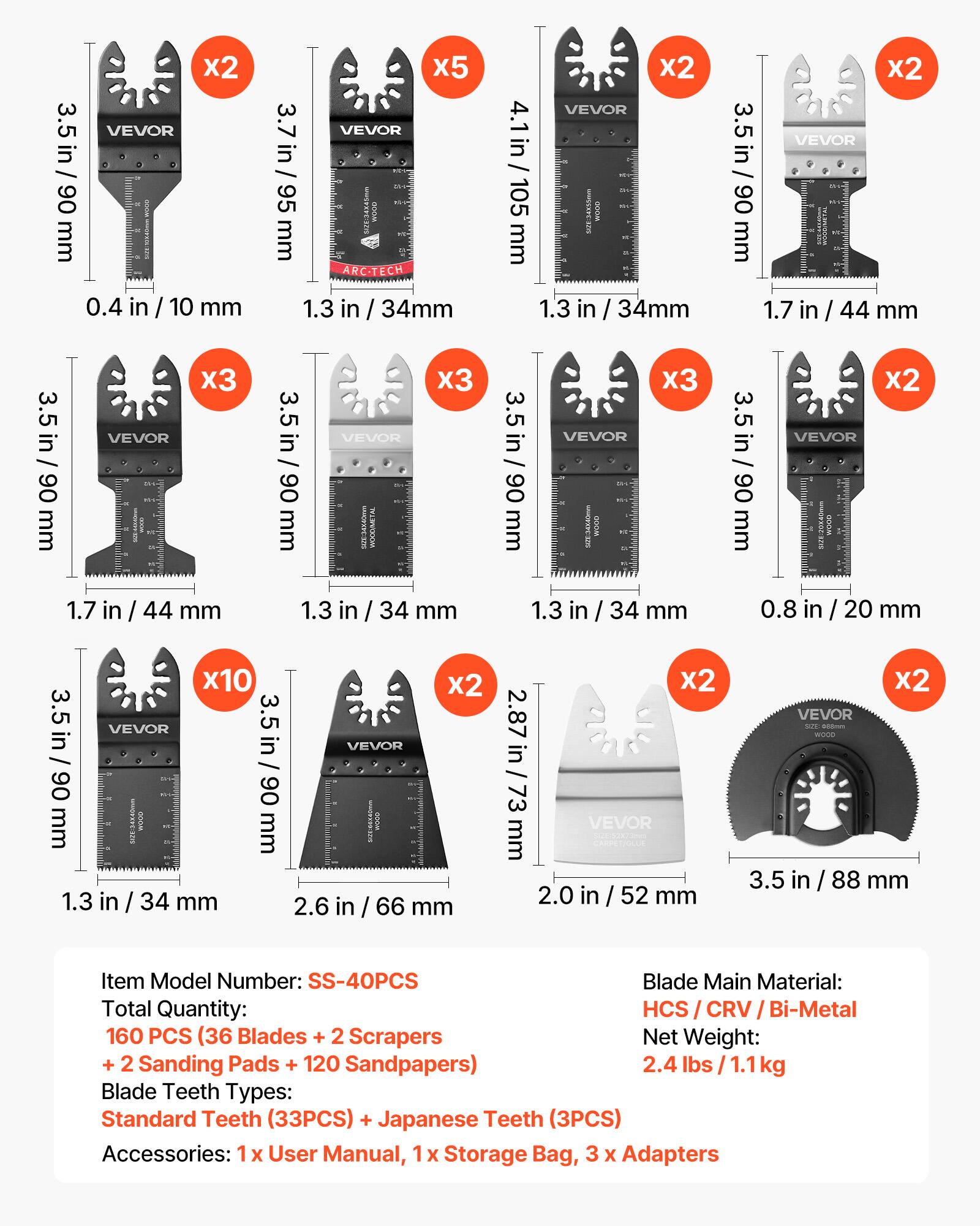 3.5 in / 90 mm VEVOR x2  
3.7 in / 95 mm VEVOR x5  
4.1 in / 105 mm VEVOR x2  
3.5 in / 90 mm VEVOR x3  
3.5 in / 90 mm VEVOR x3  
3.5 in / 90 mm VEVOR x3  
3.5 in / 90 mm VEVOR x3  
3.5 in / 90 mm VEVOR x10  
3.5 in / 90 mm VEVOR x2  
3.5 in / 90 mm VEVOR x2  
1.7 in / 44 mm VEVOR x2  
1.3 in / 34 mm VEVOR x2  
1.3 in / 34 mm VEVOR x2  
0.8 in / 20 mm VEVOR x2  
2.87 in / 73 mm VEVOR x2  
2.0 in / 52 mm VEVOR x2  
3.5 in / 88 mm VEVOR  

