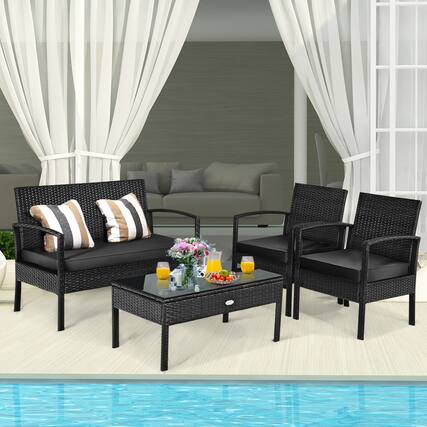 Front. Gymax - Gymax Set Of 4 Outdoor Patio Rattan Furniture Set Cushioned Sofa Coffee Table Garden Deck - Black.