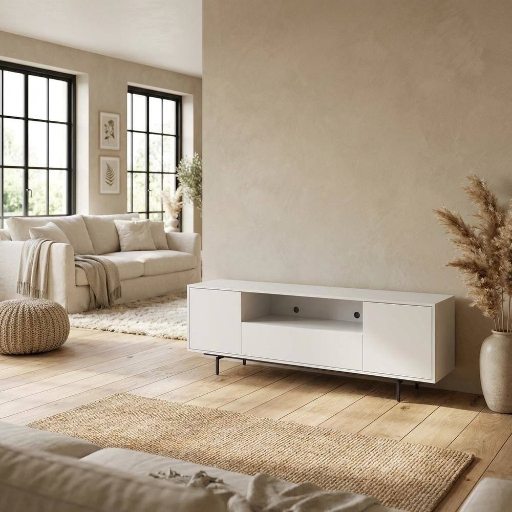 Left. FurniFact - White Laminate TV Console with 3 Doors in Modern Industrial Style - White.