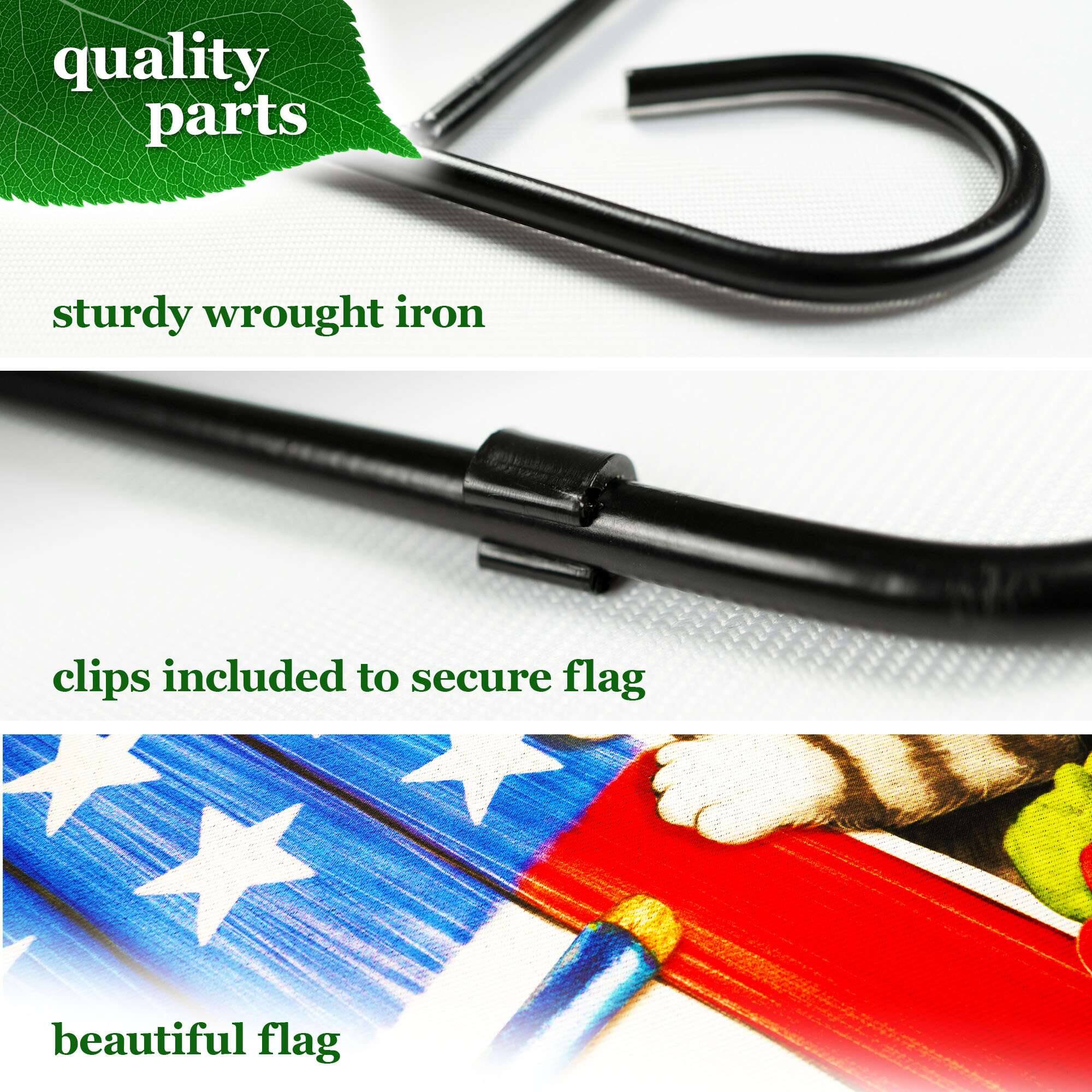 - quality parts
- sturdy wrought iron
- clips included to secure flag
- beautiful flag