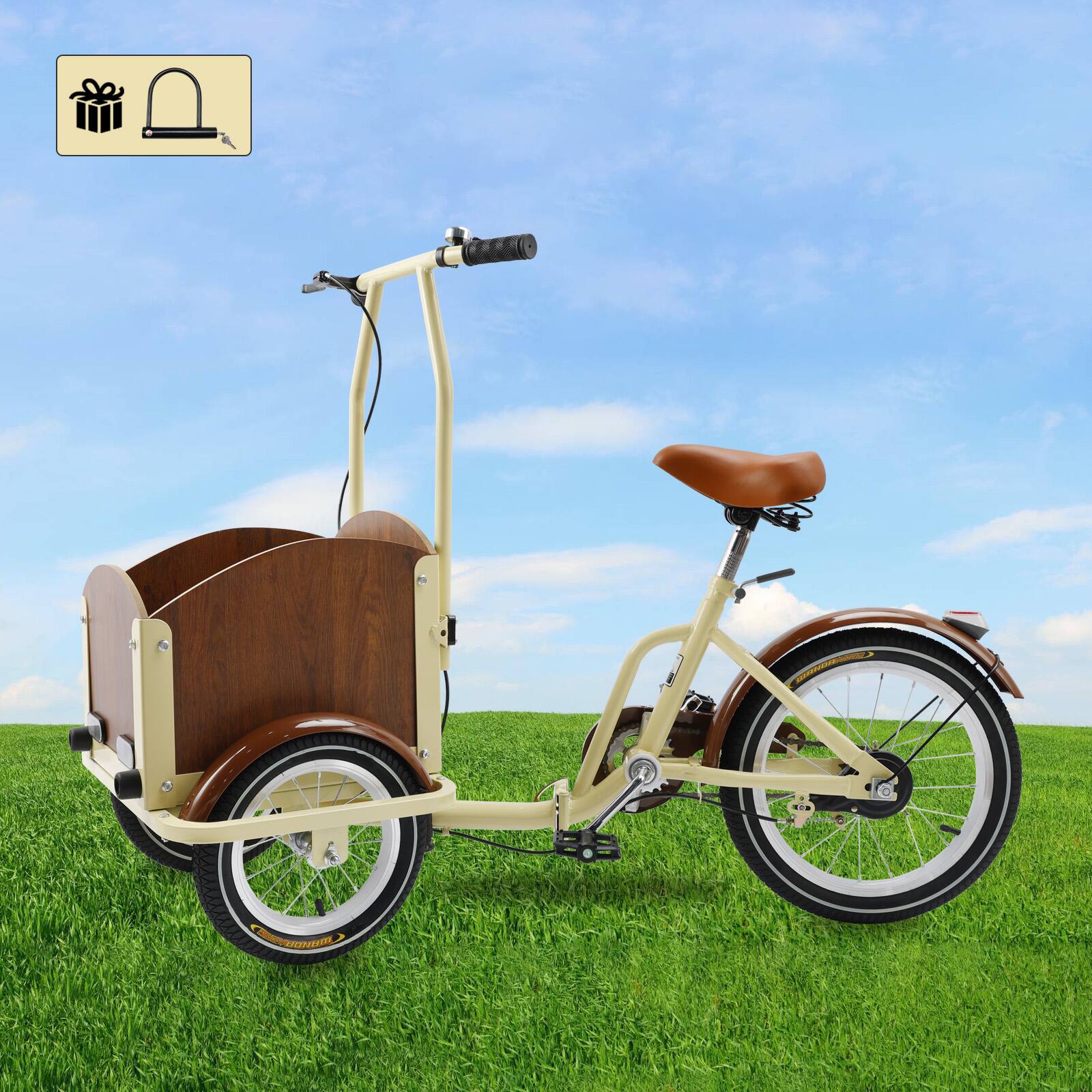 Alt View 10. Topteng - Kid Tricycle Three wheel bike Trike for Child, Boy, Girl, 16 Inch Wheels with Front Wood Cargo Rack for Small Pet, Beige - Cream.
