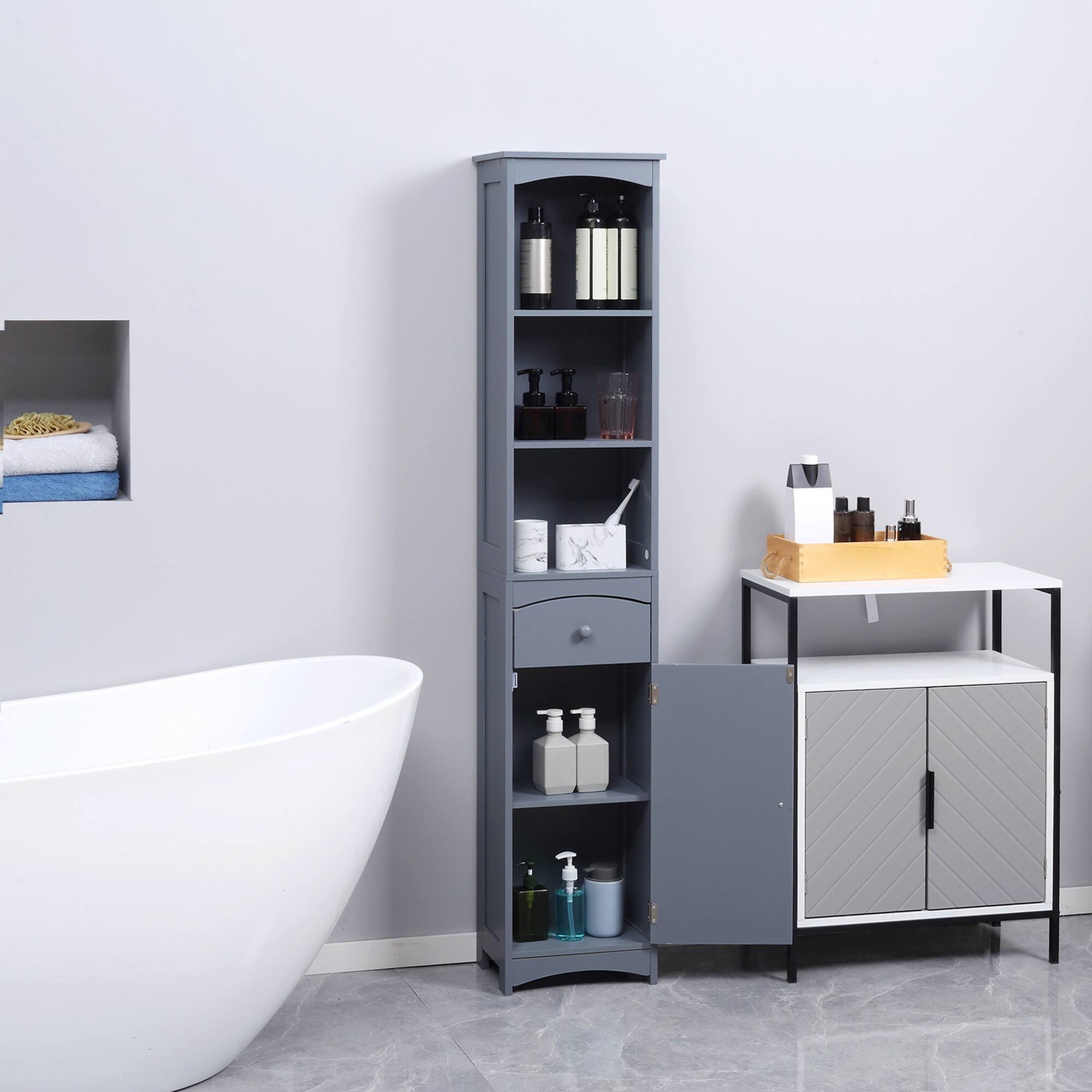Alt View 1. Homcom - Bathroom Storage Cabinet, Free Standing Bathroom Storage Unit, Tall Linen Tower with 3-Tier Shelves and Drawer - Grey.
