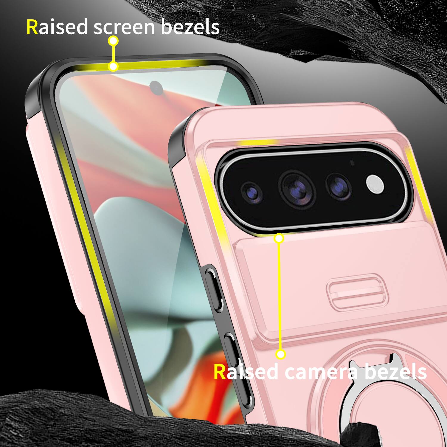 Raised screen bezels  
Raised camera bezels