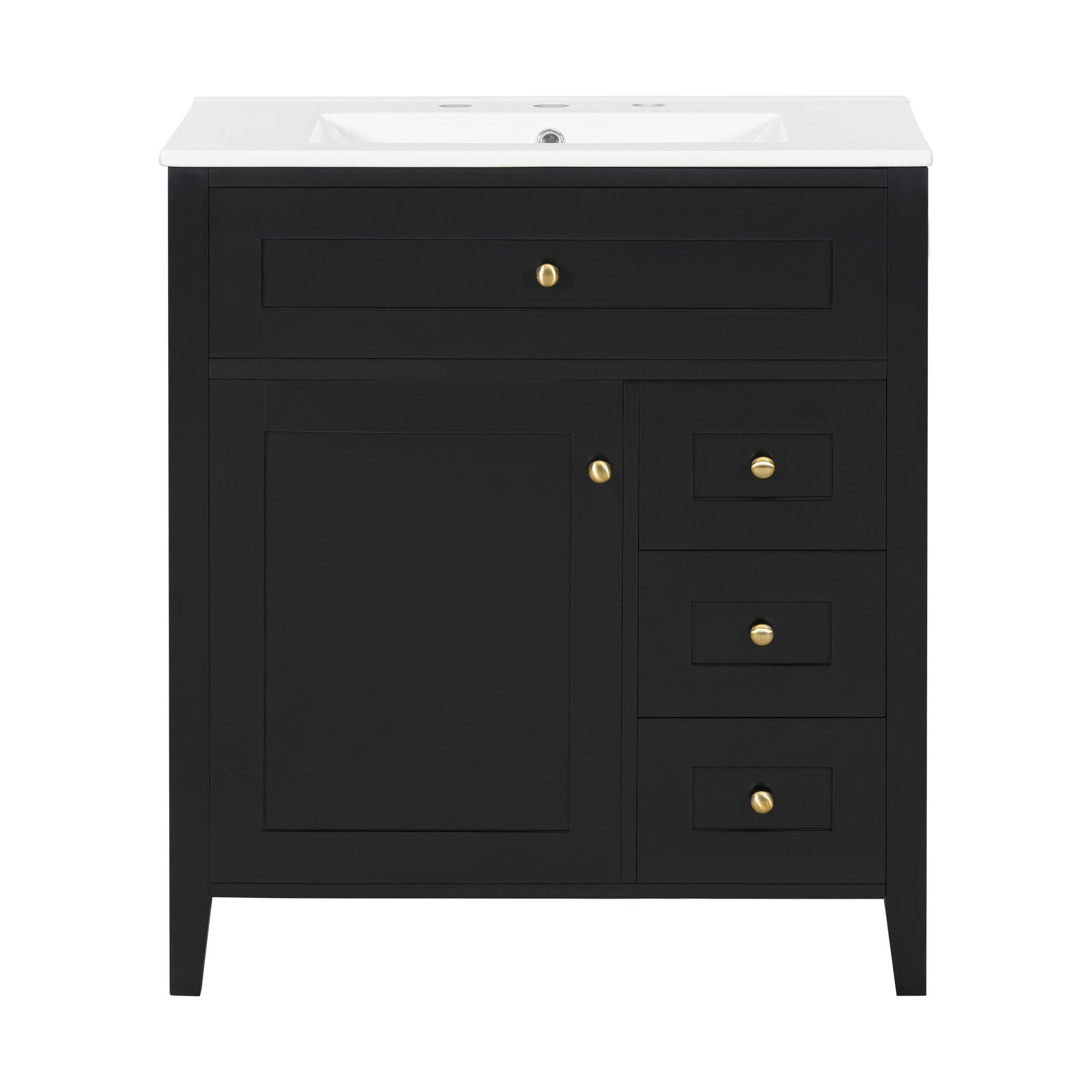 Back. Whisen - 30 Inch Bathroom Vanity with Ceramic Sink Combo Modern 3 Drawer 1 Left Door Storage Cabinet Freestanding - Black.