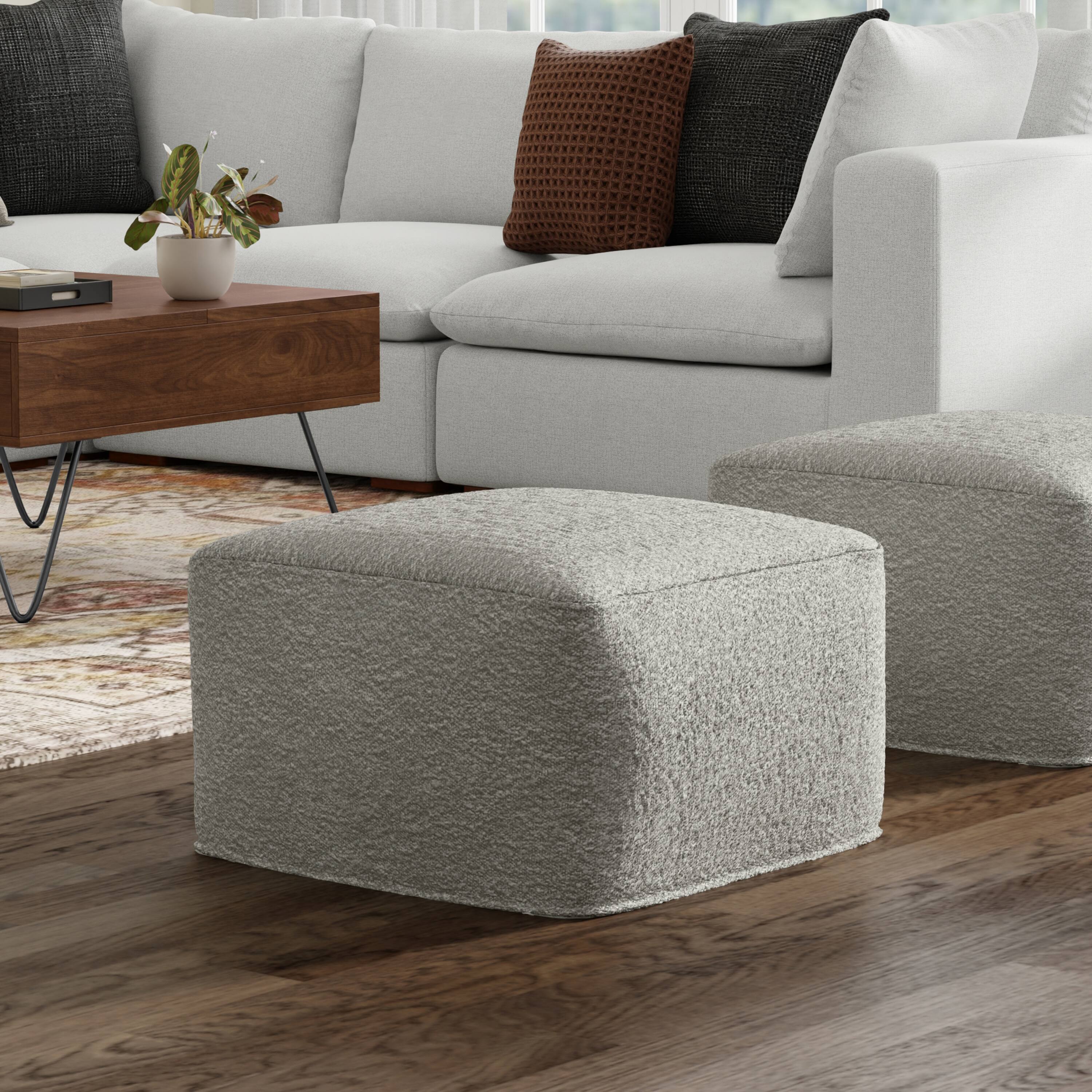 Angle. Simpli Home - Chantal 24 inch Wide Contemporary Pouf in Light Grey Boucle Fabric - Light Grey.