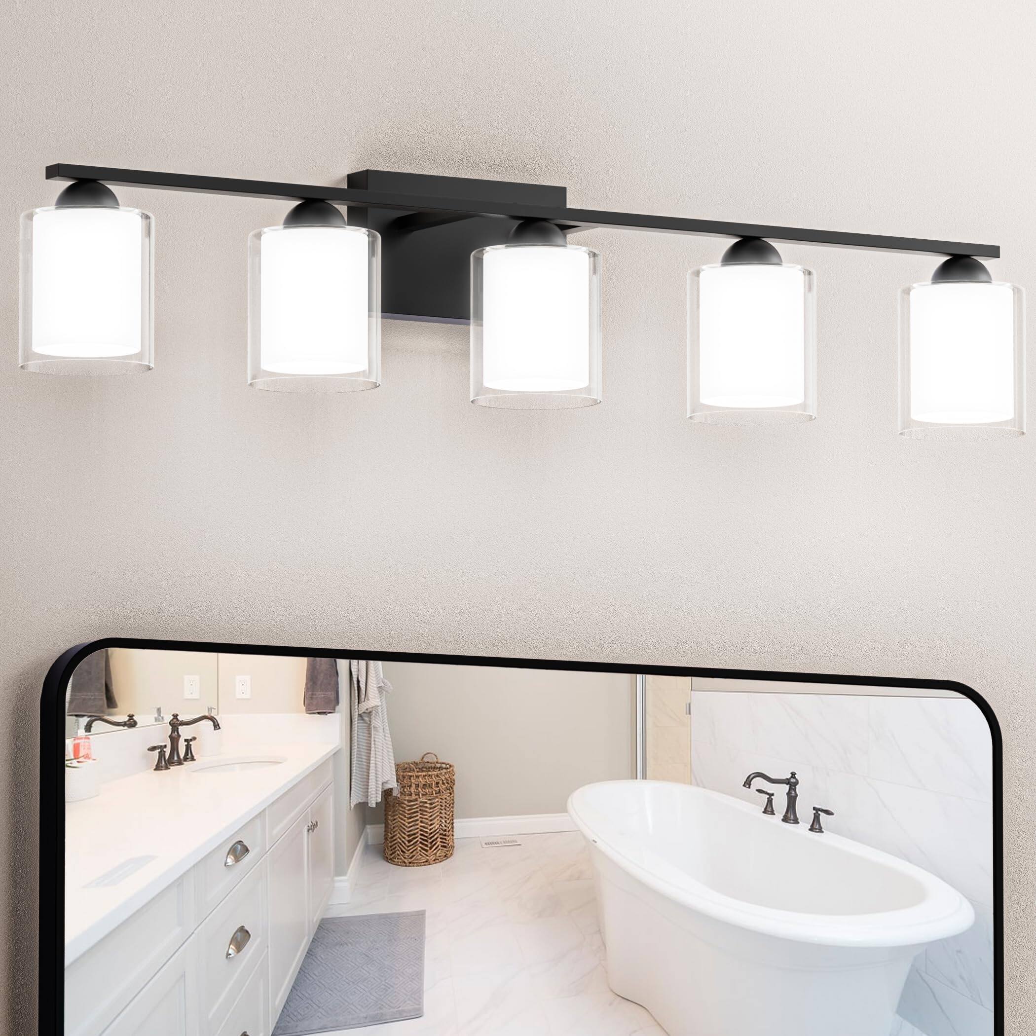 Front. Comfort Essence - Brush Nickle Bathroom Lighting Fixtures With Color Mode Dimmable Modern Vanity Light Over Mirror Watt Eye P - Black & Clear 5 Light.