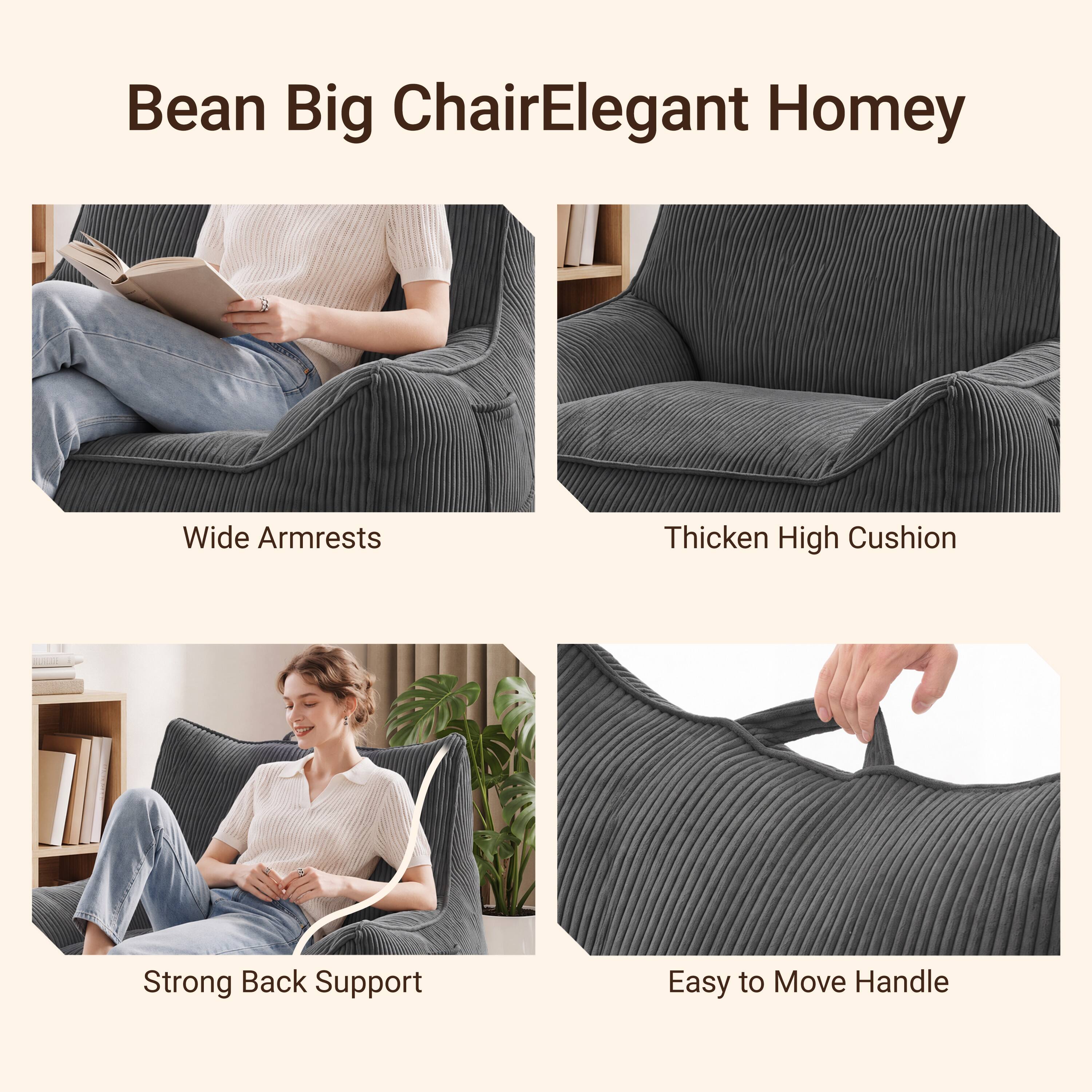 Bean Big Chair  
Elegant Homey  
Wide Armrests  
Thicken High Cushion  
Strong Back Support  
Easy to Move Handle