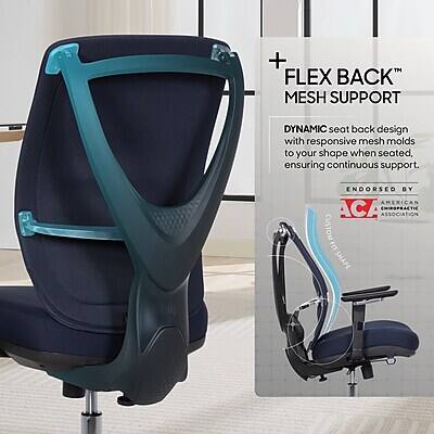 + FLEX BACK MESH SUPPORT  
DYNAMIC seat back design with responsive mesh molds to your shape when seated, ensuring continuous support.  
ENDORSED BY AMERICAN CHIROPRACTIC ASSOCIATION