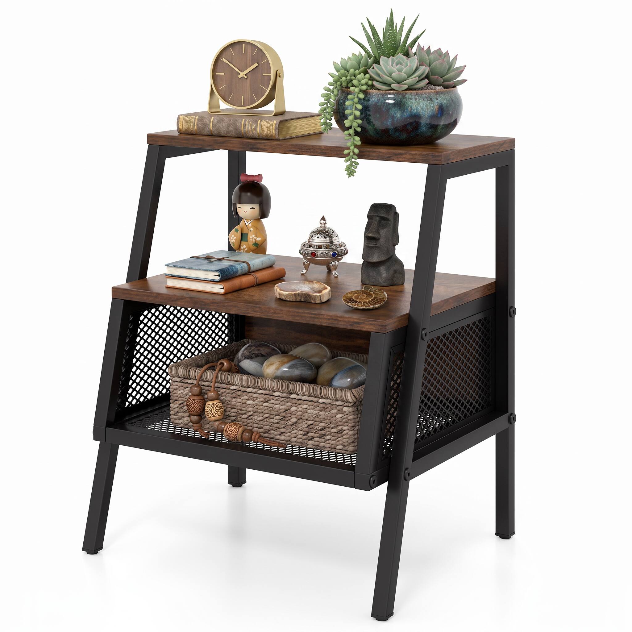 Back. WELLFOR - 3-Tier Industrial Nightstand with 2 Open Shelves and Metal Mesh Compartment - Rustic Brown.