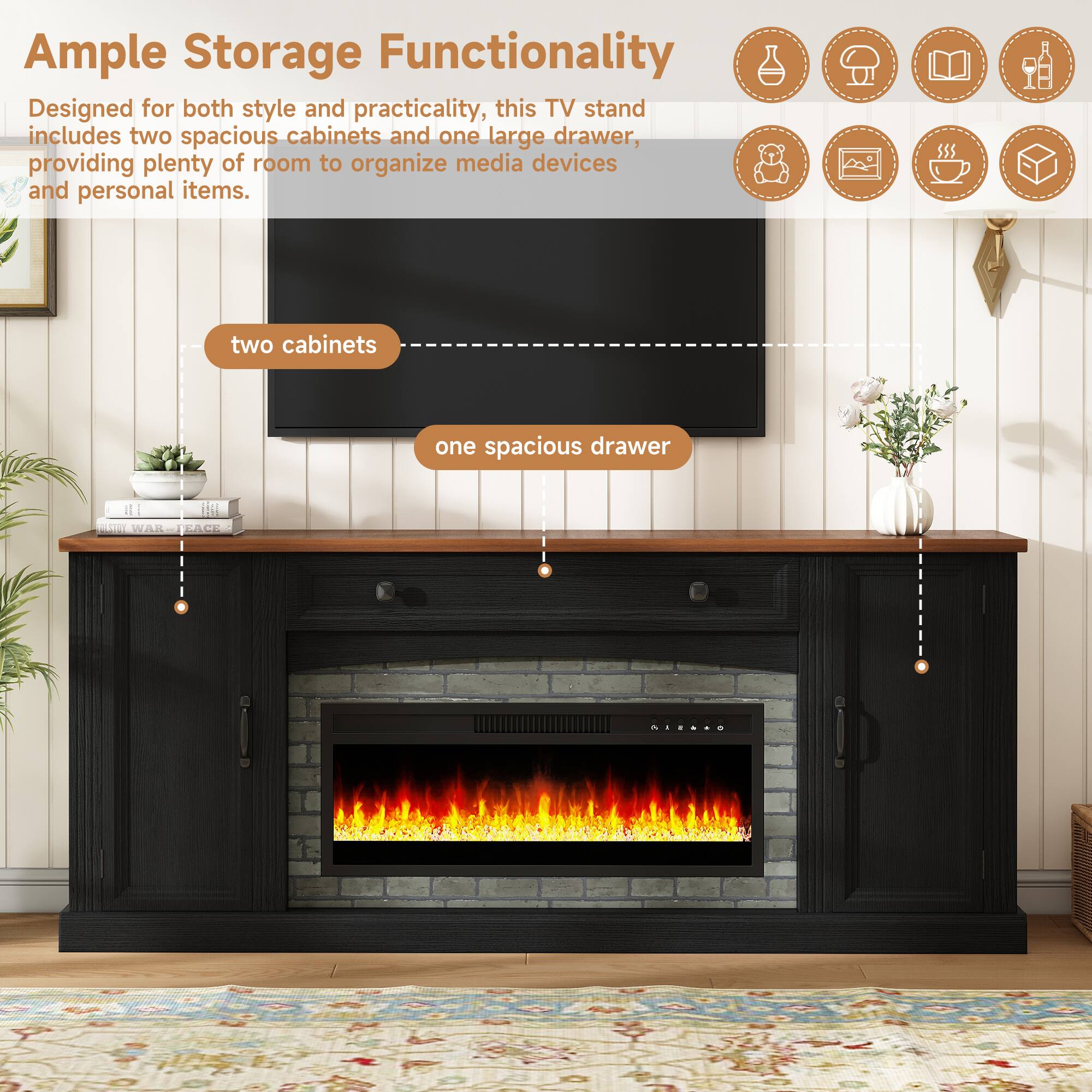 Ample Storage Functionality  
Designed for both style and practicality, this TV stand includes two spacious cabinets and one large drawer, providing plenty of room to organize media devices and personal items.  
two cabinets  
one spacious drawer
