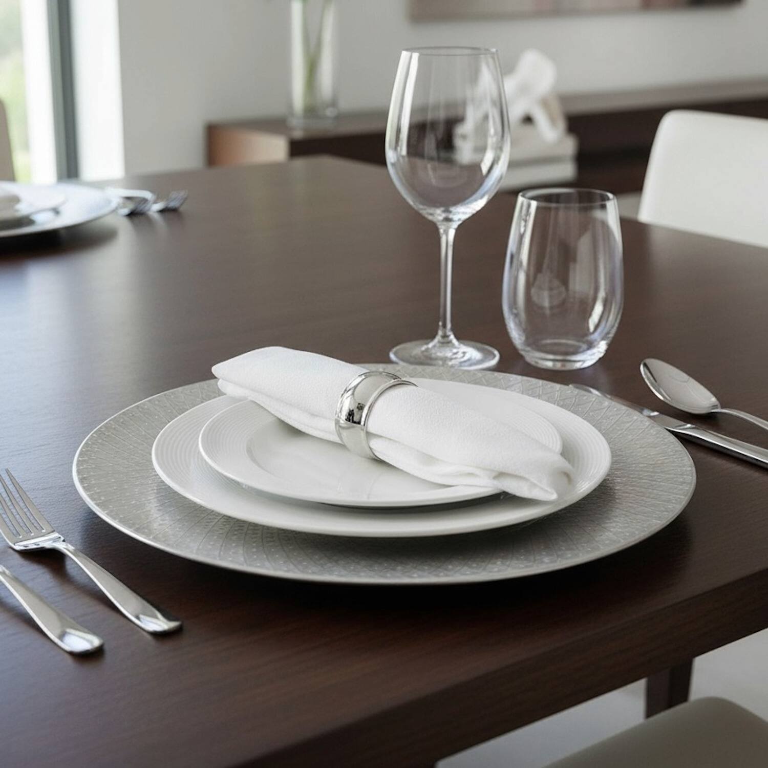 Left. American Atelier - Artemis Silver Plated Set of 4 Charger Plates 13"D - Silver.