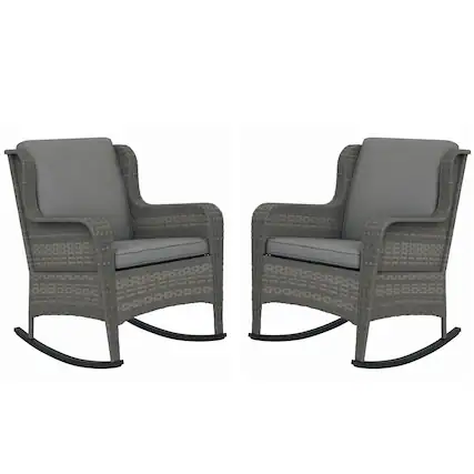 Front. Outsunny - Outdoor Wicker Rocking Chair Set of 2 with Wide Seat, Thick Cushions, Rattan Rockers with Steel Frame - Gray.