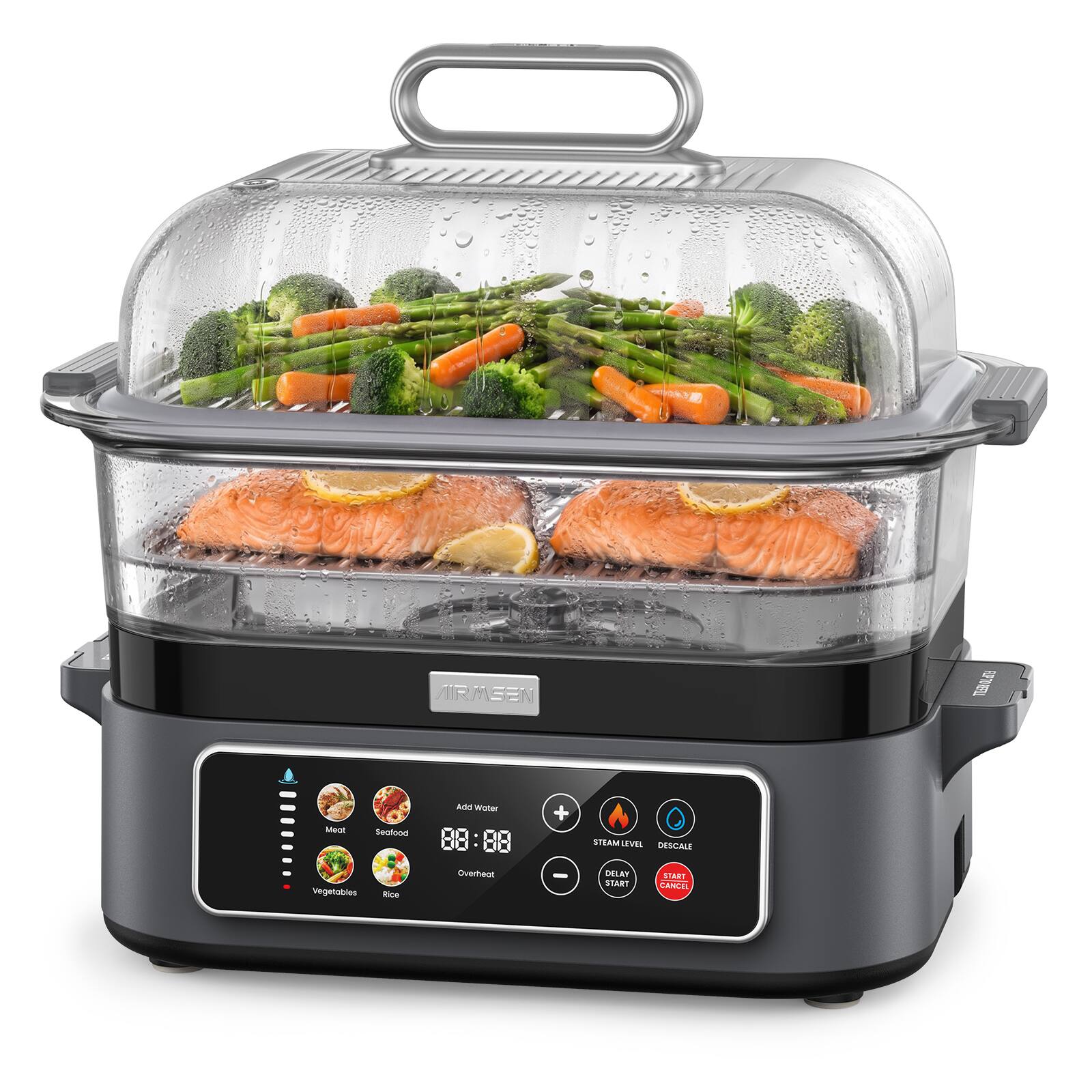 AIRMSSEN  
TRAVEL  
Add Water Meat Seafood 88:88 Overheat Vegetables Rice  
+  
STEAM LEVEL DESCALE DELAY START START CANCEL