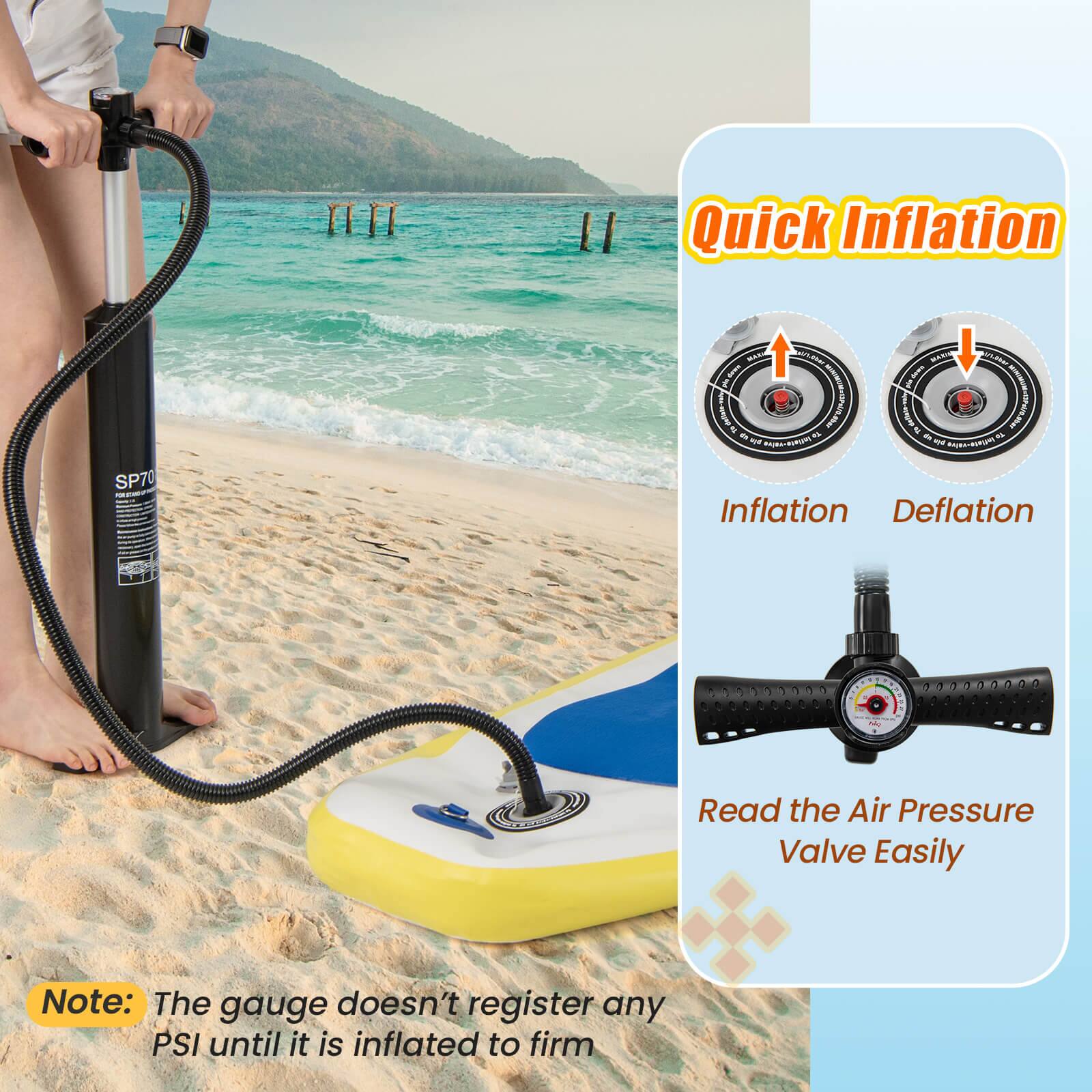 Quick Inflation SP70 - Read the Air Pressure Valve Easily Note: The gauge doesn't register any PSI until it is inflated to firm.