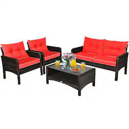 Kadyn - 4 Pcs Outdoor Patio Furniture Set with Cushions & Coffee Table Wicker Rattan Patio Conversation Sets for Outside, Garden - Red